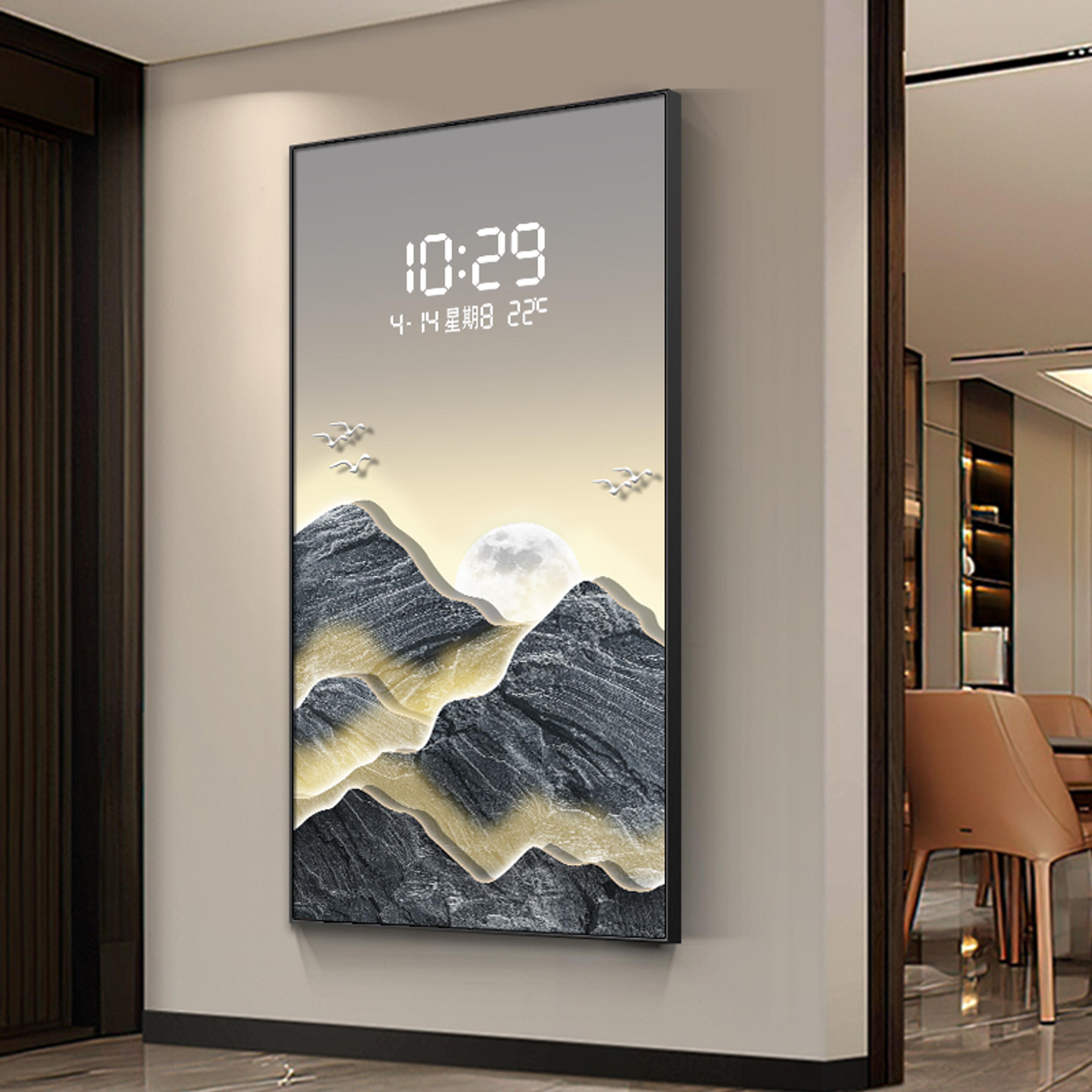 digital display wall clock with led lights, stylish living room decor, electronic hanging painting clock