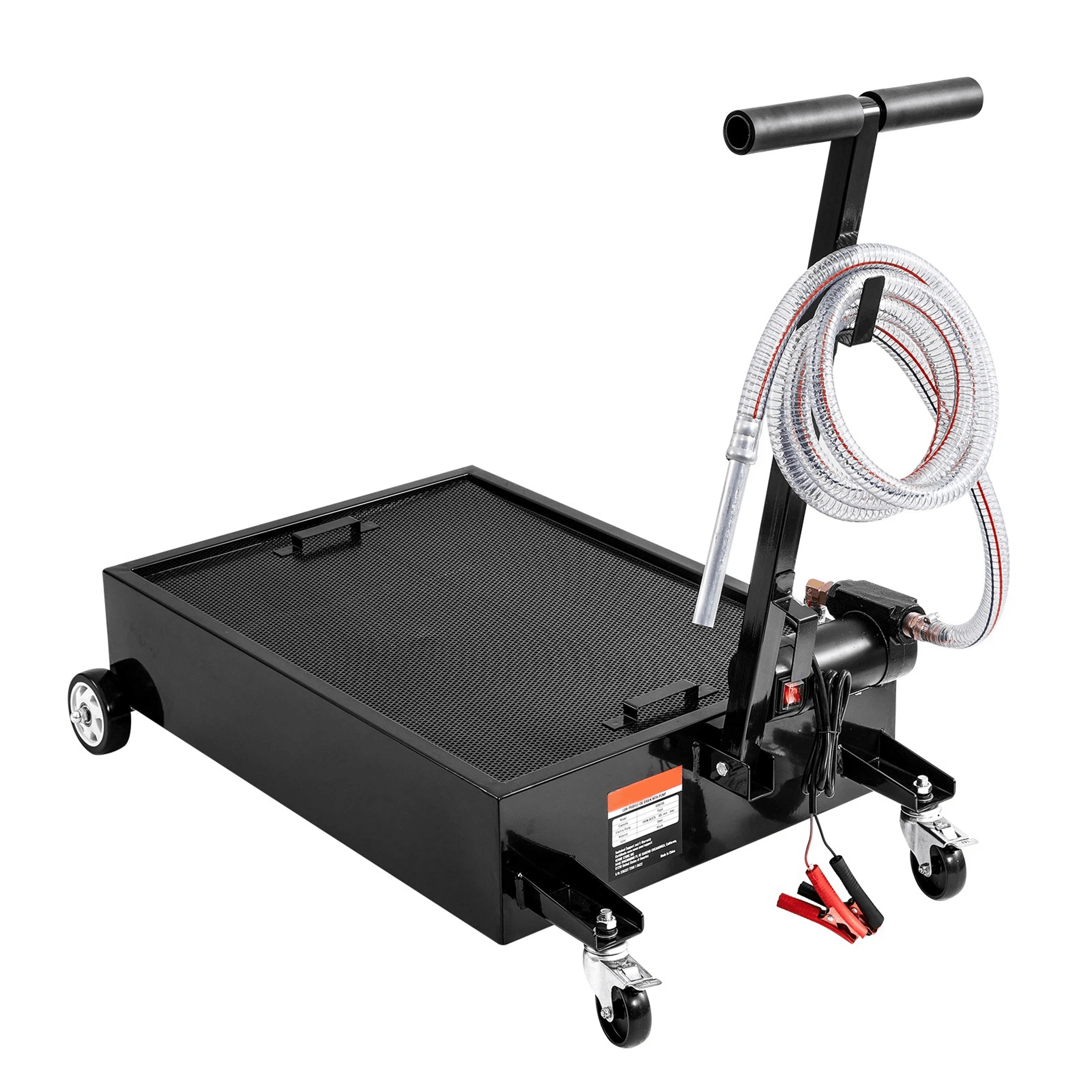 low profile oil drain pan with electric pump & swivel casters, professional fluid disposal cart