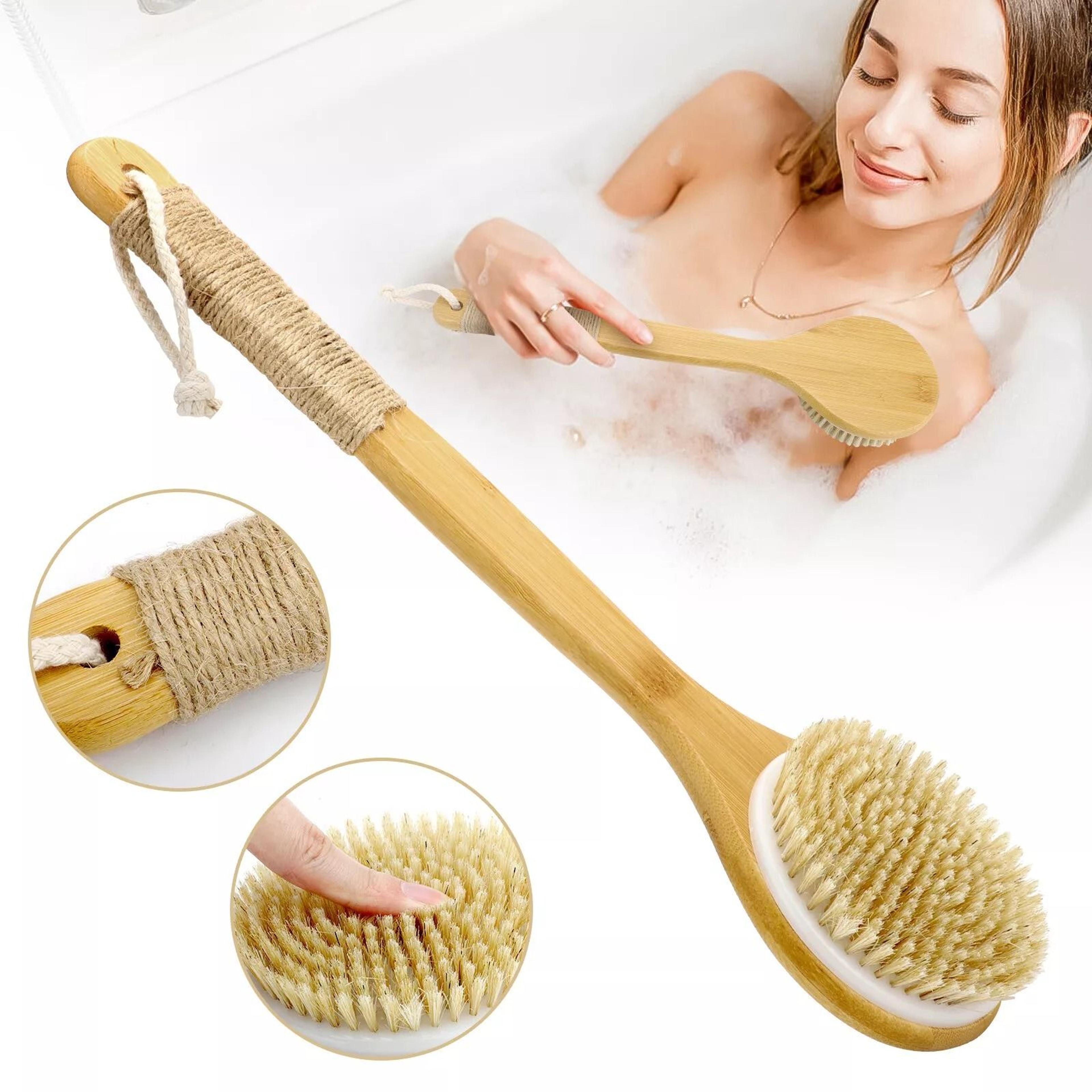 bath body brush with soft bristles, long bamboo handle back scrubber for shower, anti-slip grip