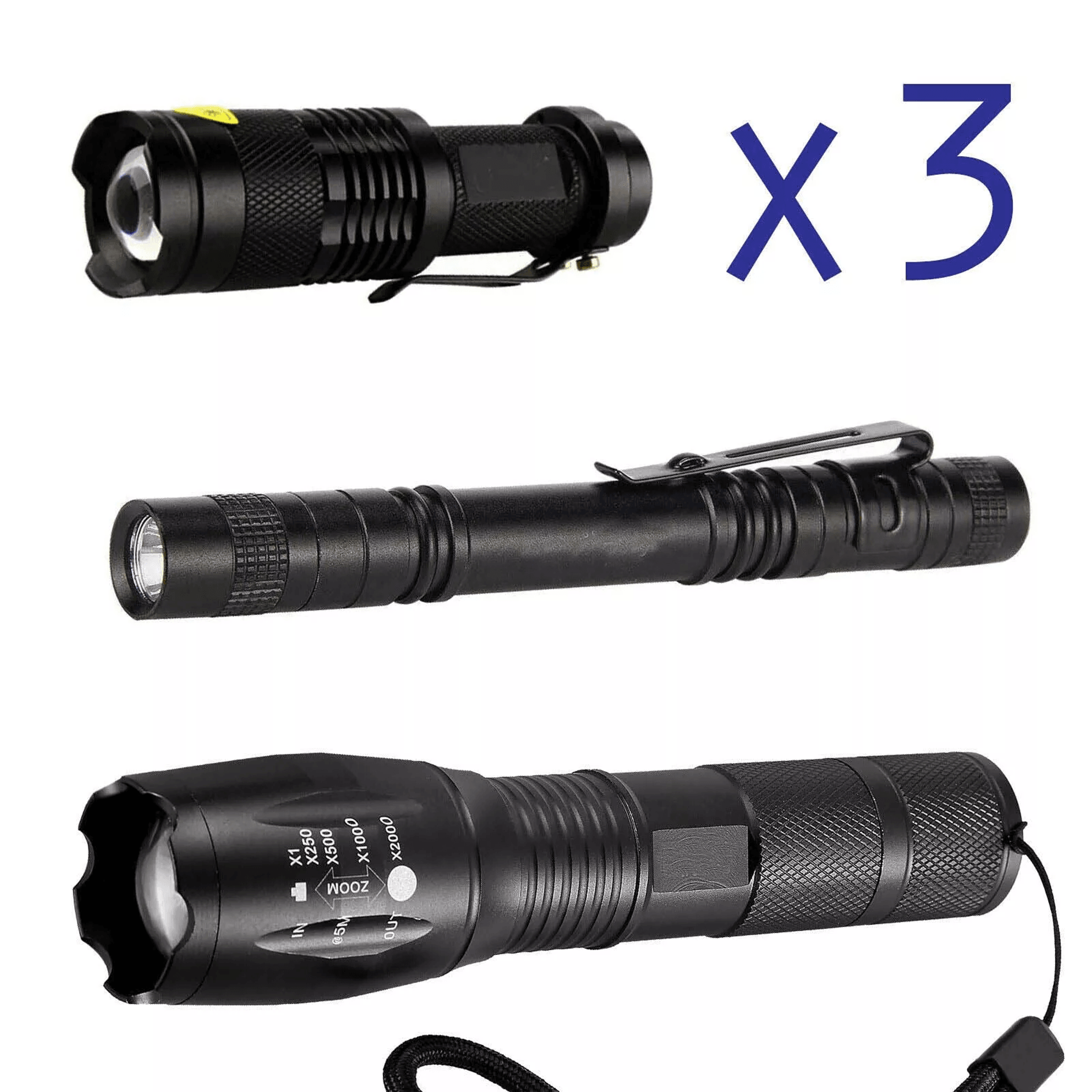 led flashlight set, high powered, zoomable & 5 mode in robust aluminum