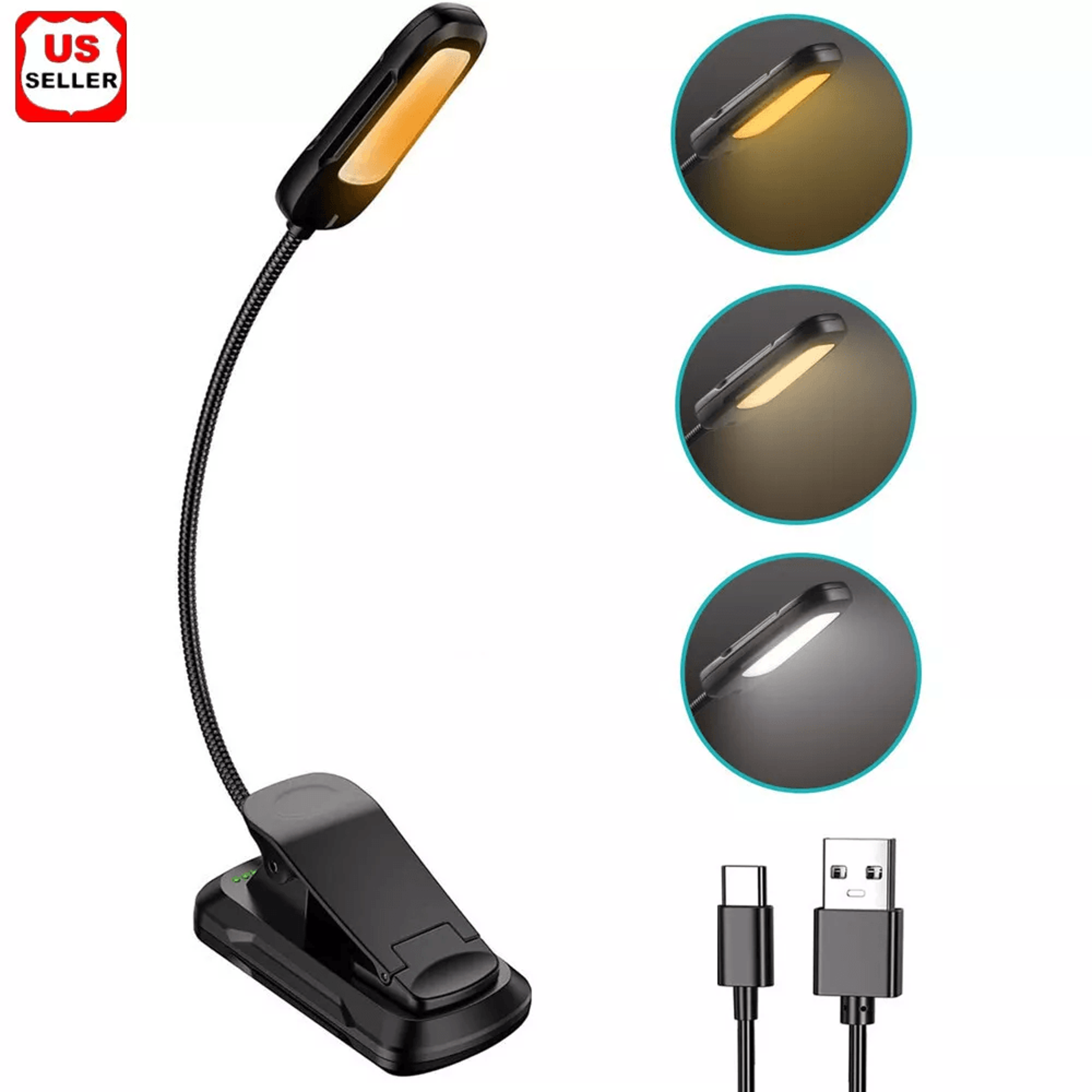flexible rechargeable led book light with 3 light modes, easy clip reading lamp