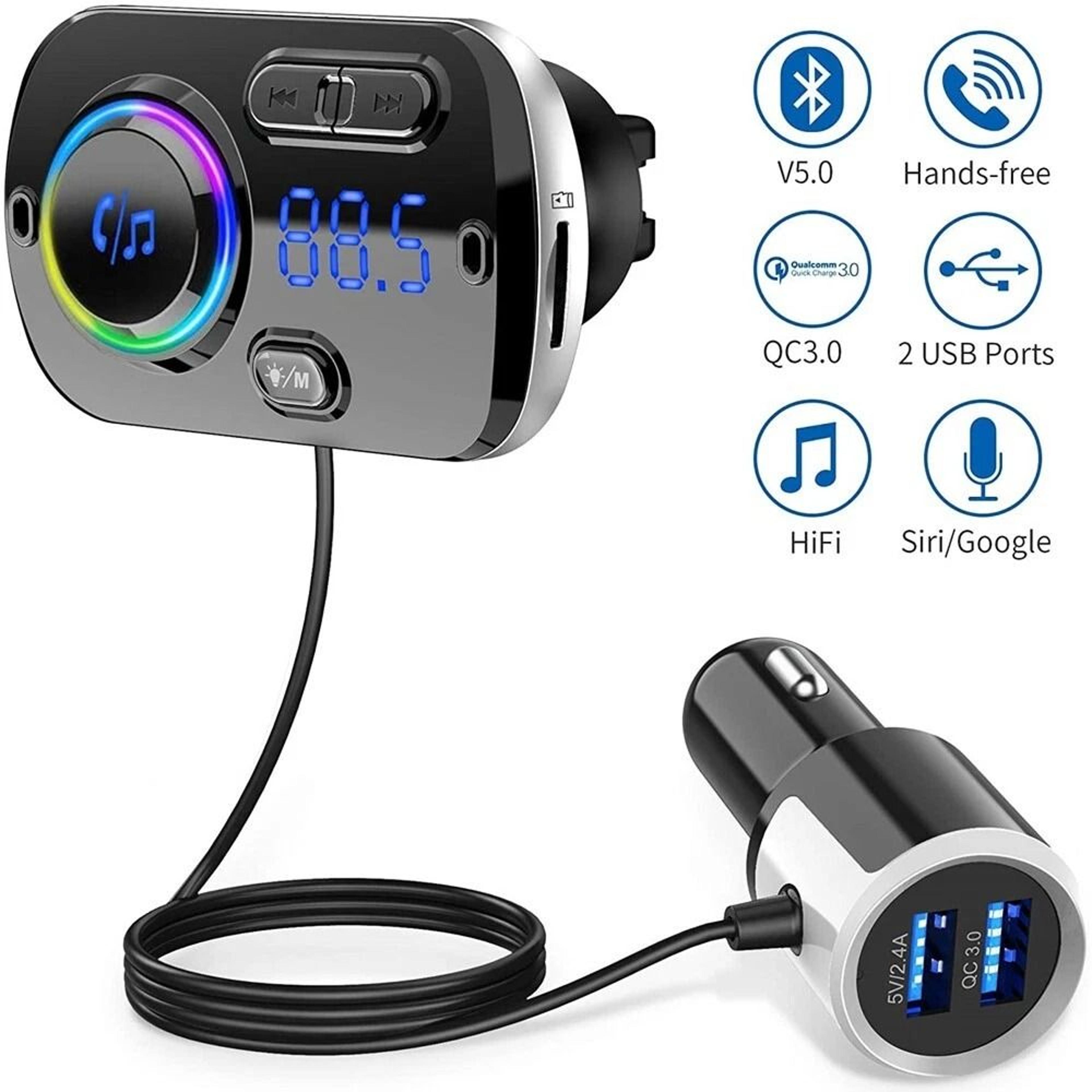 hands-free bluetooth car kit, wireless fm transmitter with mp3 playback & fast usb charging