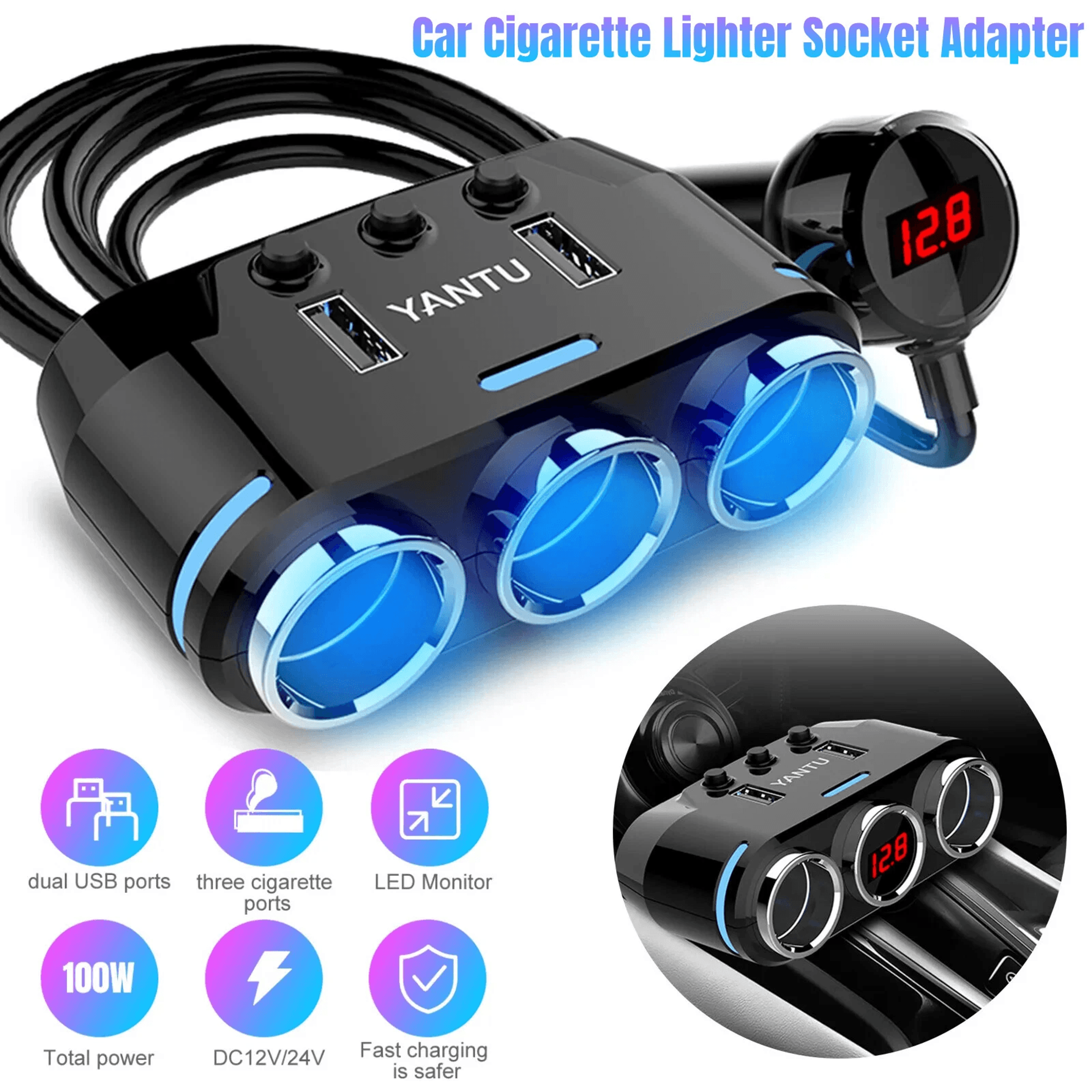 multi car cigarette lighter socket extension splitter usb charger dc 12v adapter power outlet with dual usb ports
