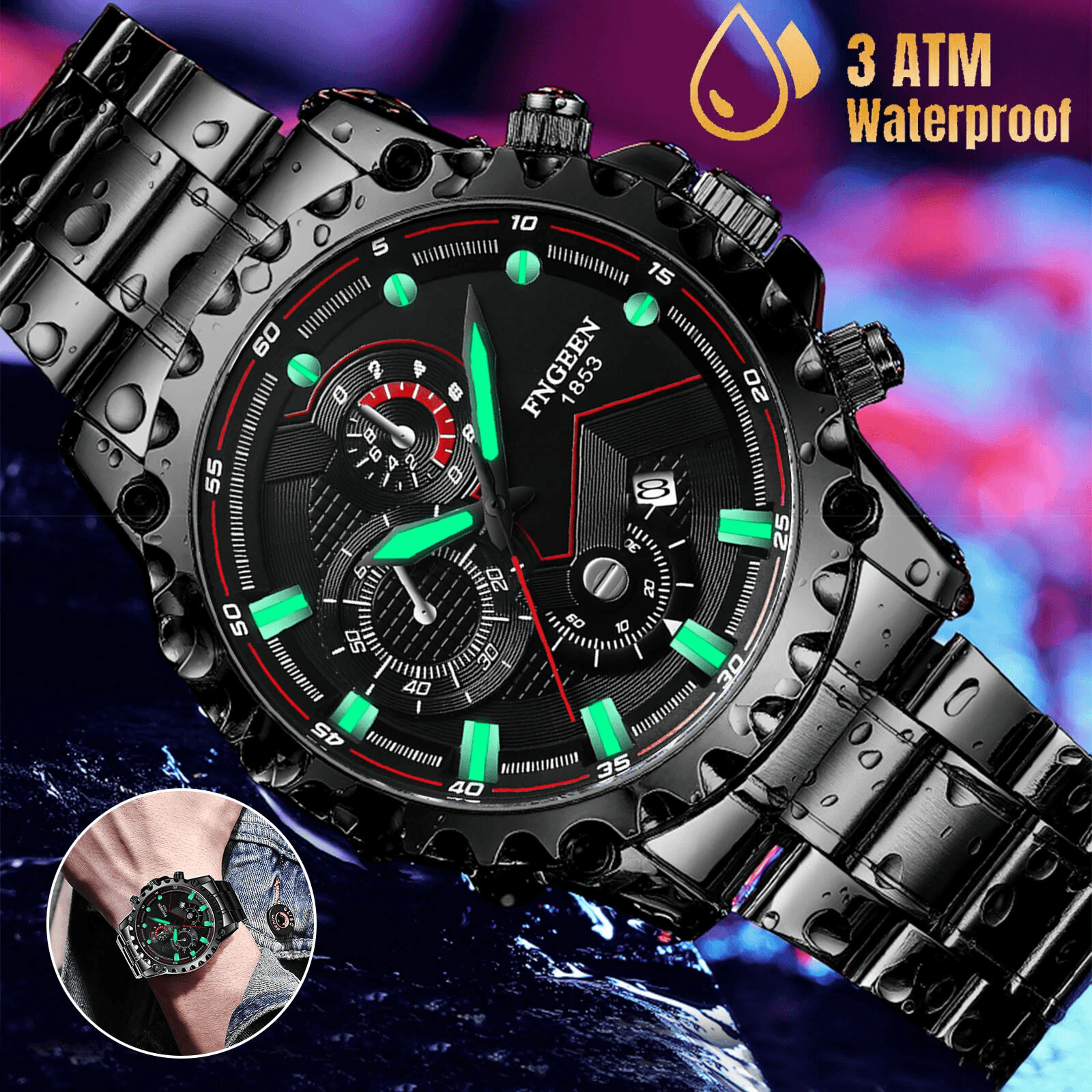 waterproof men watch, classic stainless steel quartz luxury wristwatch with luminous display