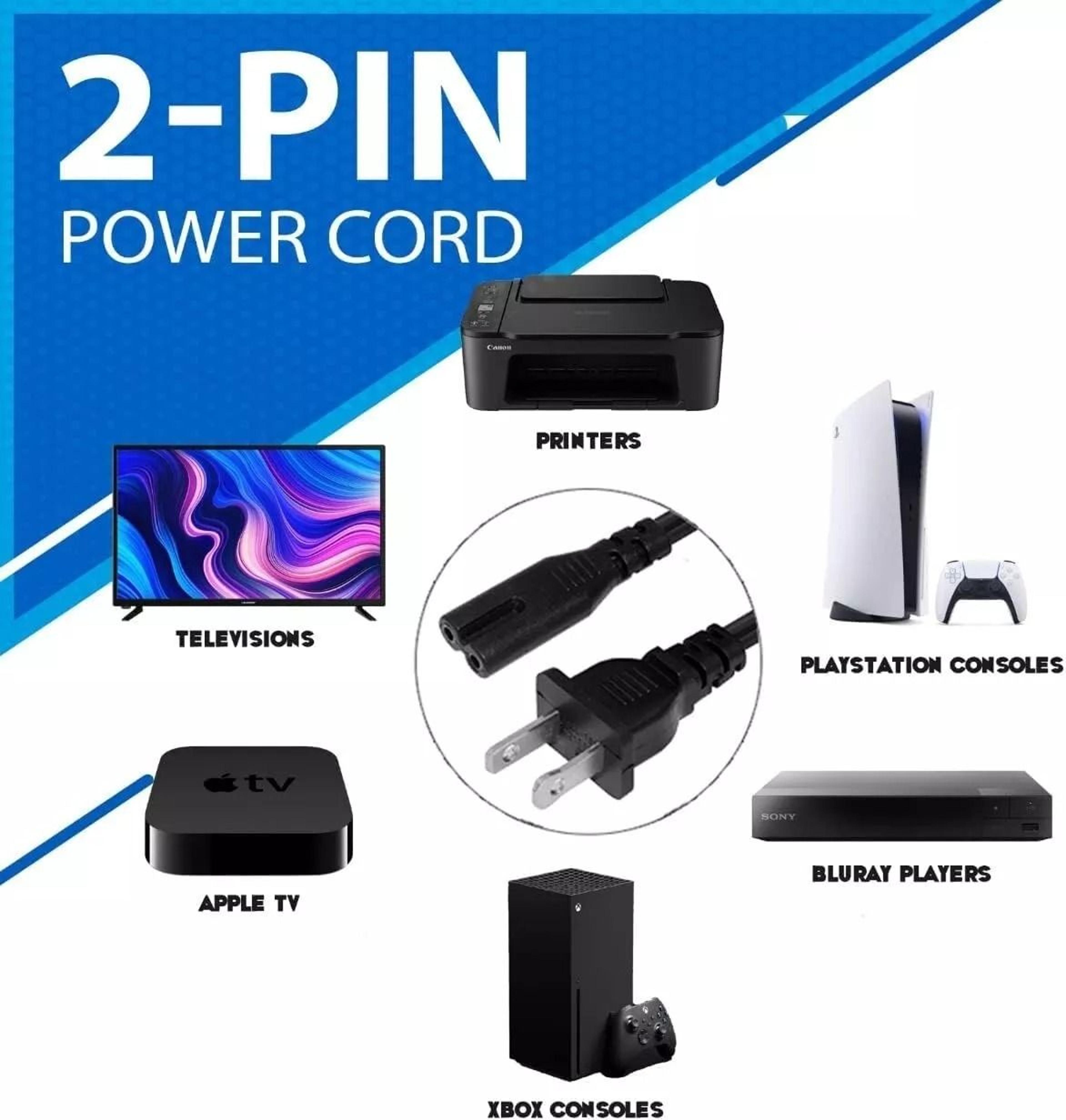 universal 2 prong ac power cord for ps5, ps4, ps3, ps2 slim, xbox series x/s, pc, laptop, monitor & samsung tv