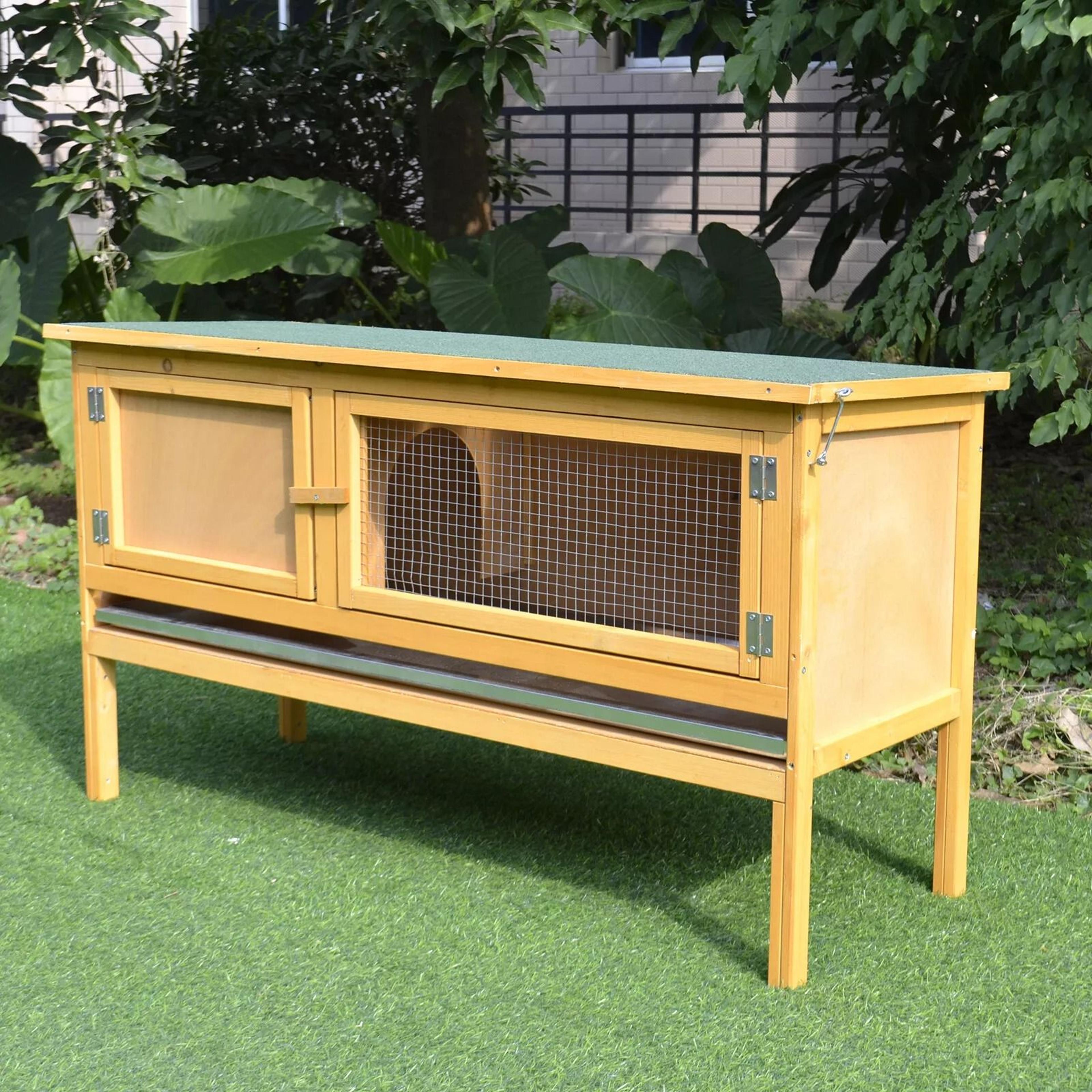 weatherproof wood hutch for small animals, raised outdoor backyard habitat & resistant cage