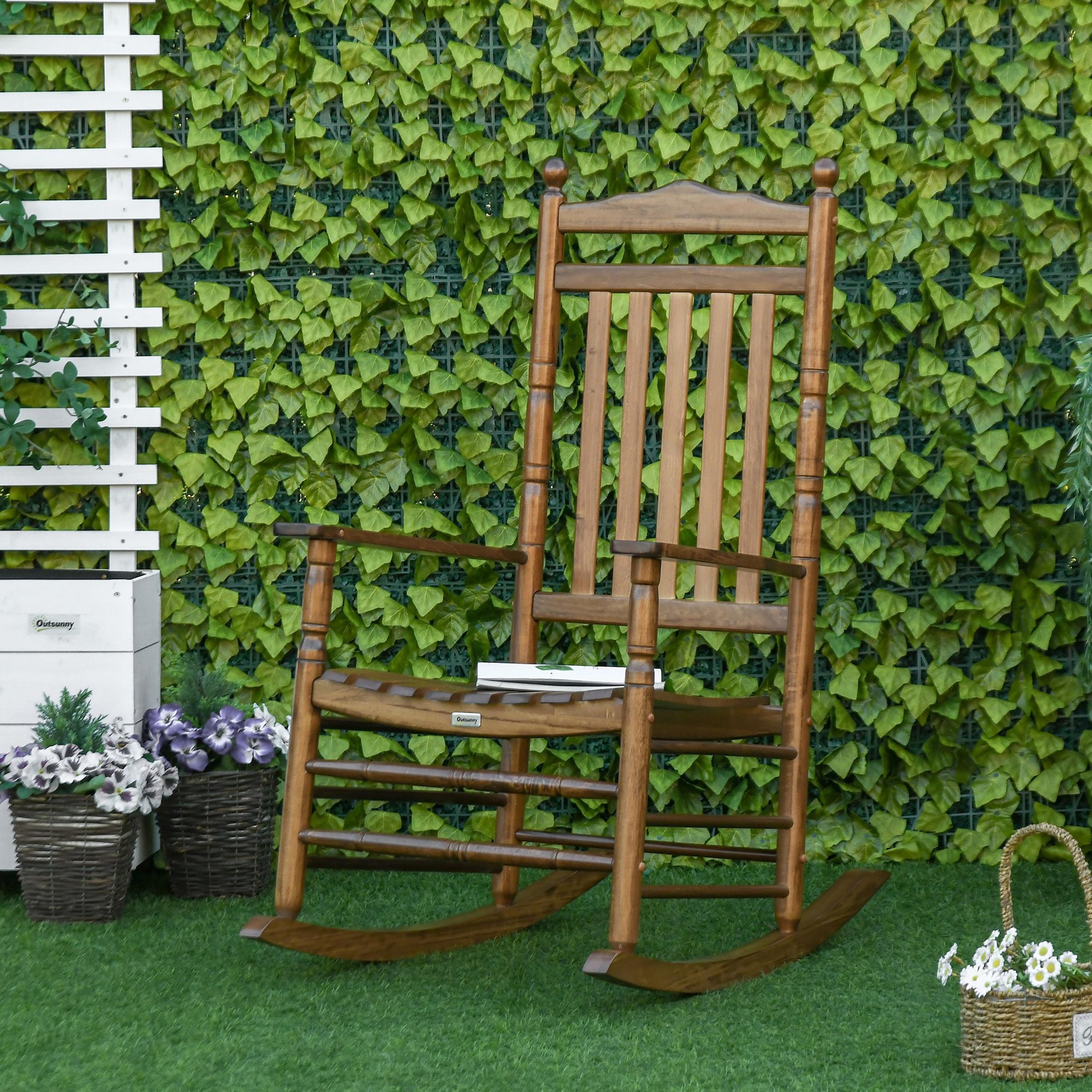 outsunny traditional wooden rocking chair, sturdy porch rocker for outdoor relaxation