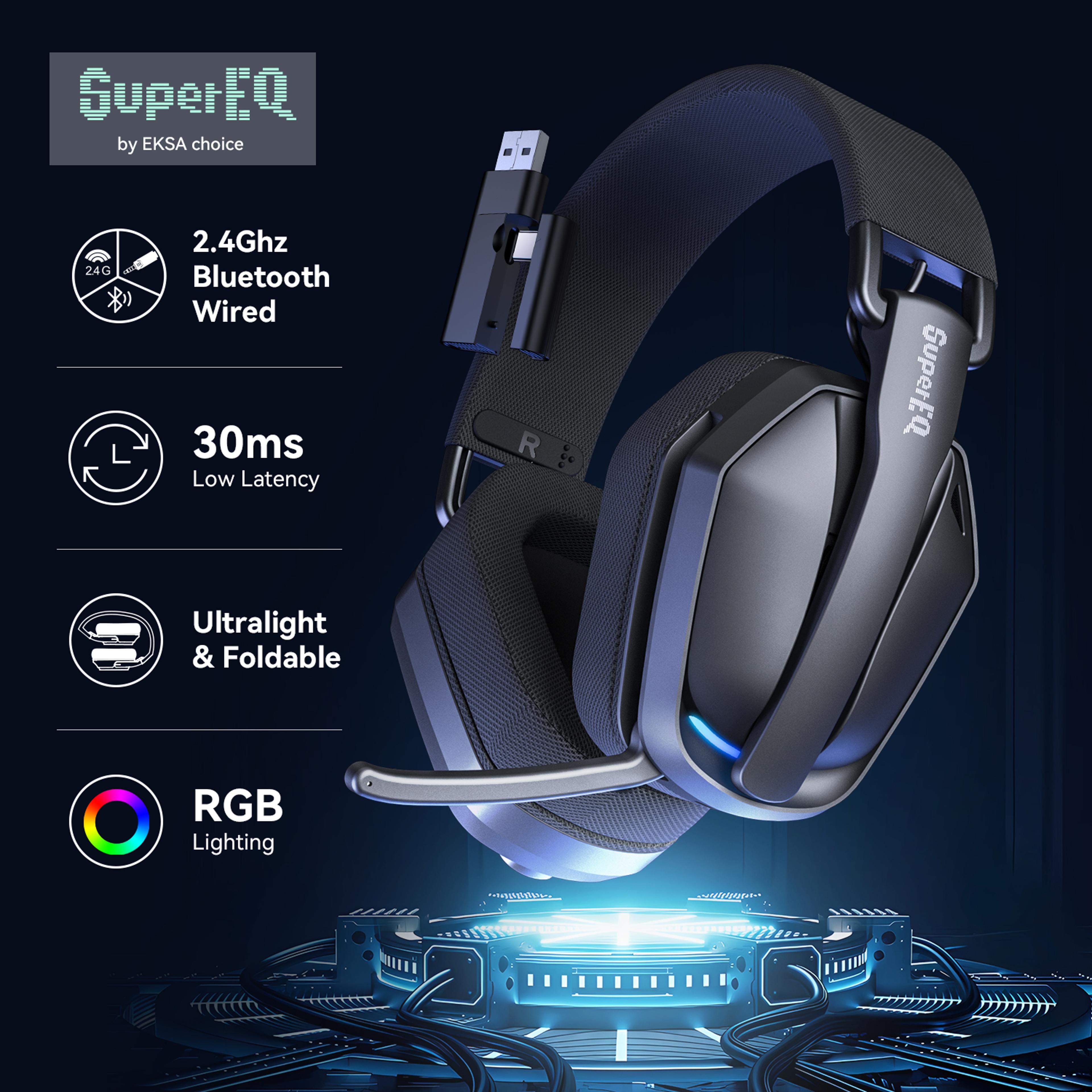 supereq g19bt wireless gaming headphones, ultra-light bluetooth 5.4 headset, mic for pc ps5 xbox eksa choice