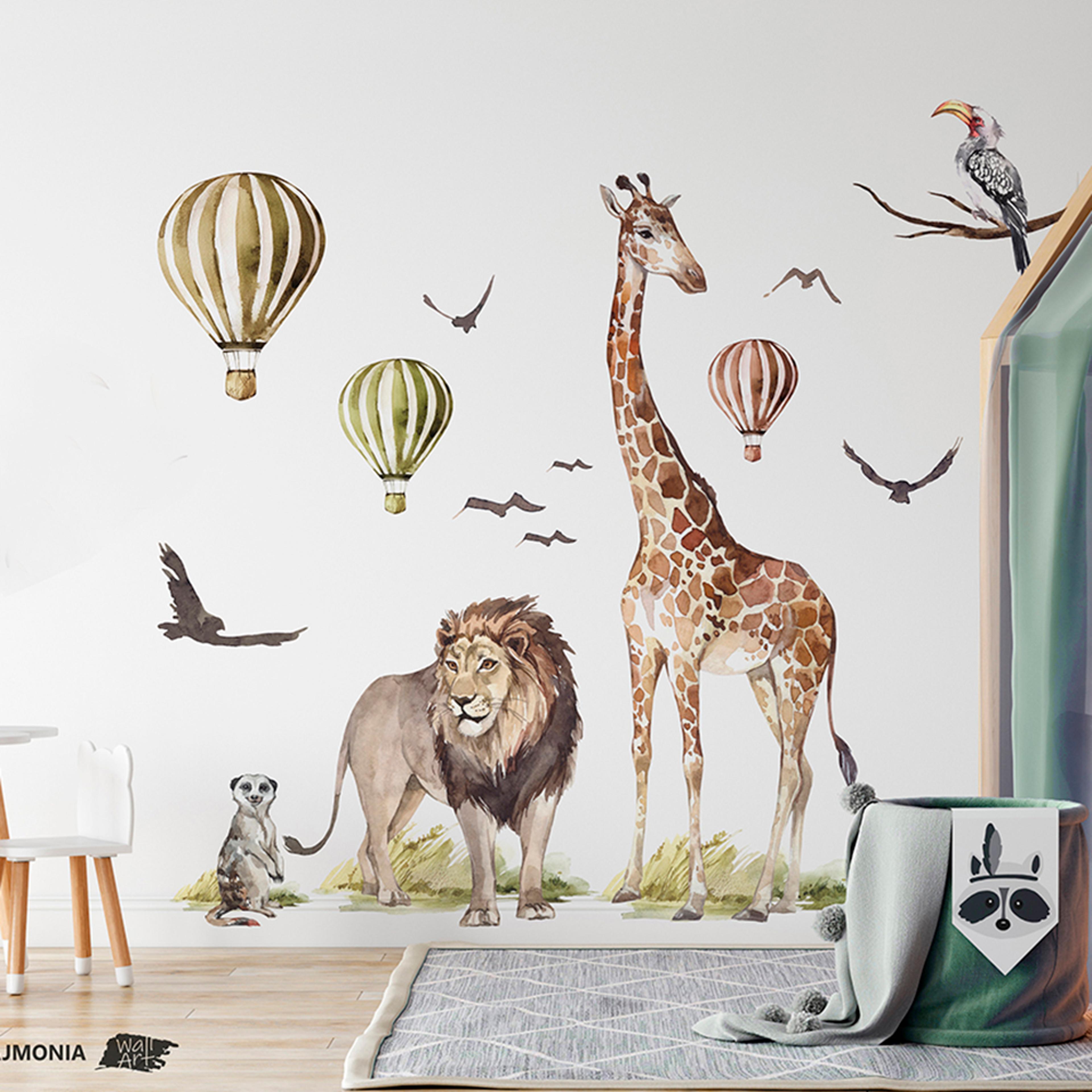 watercolor safari giraffe wall sticker, jungle wildlife animal bird decal for playroom, bedroom & nursery decor