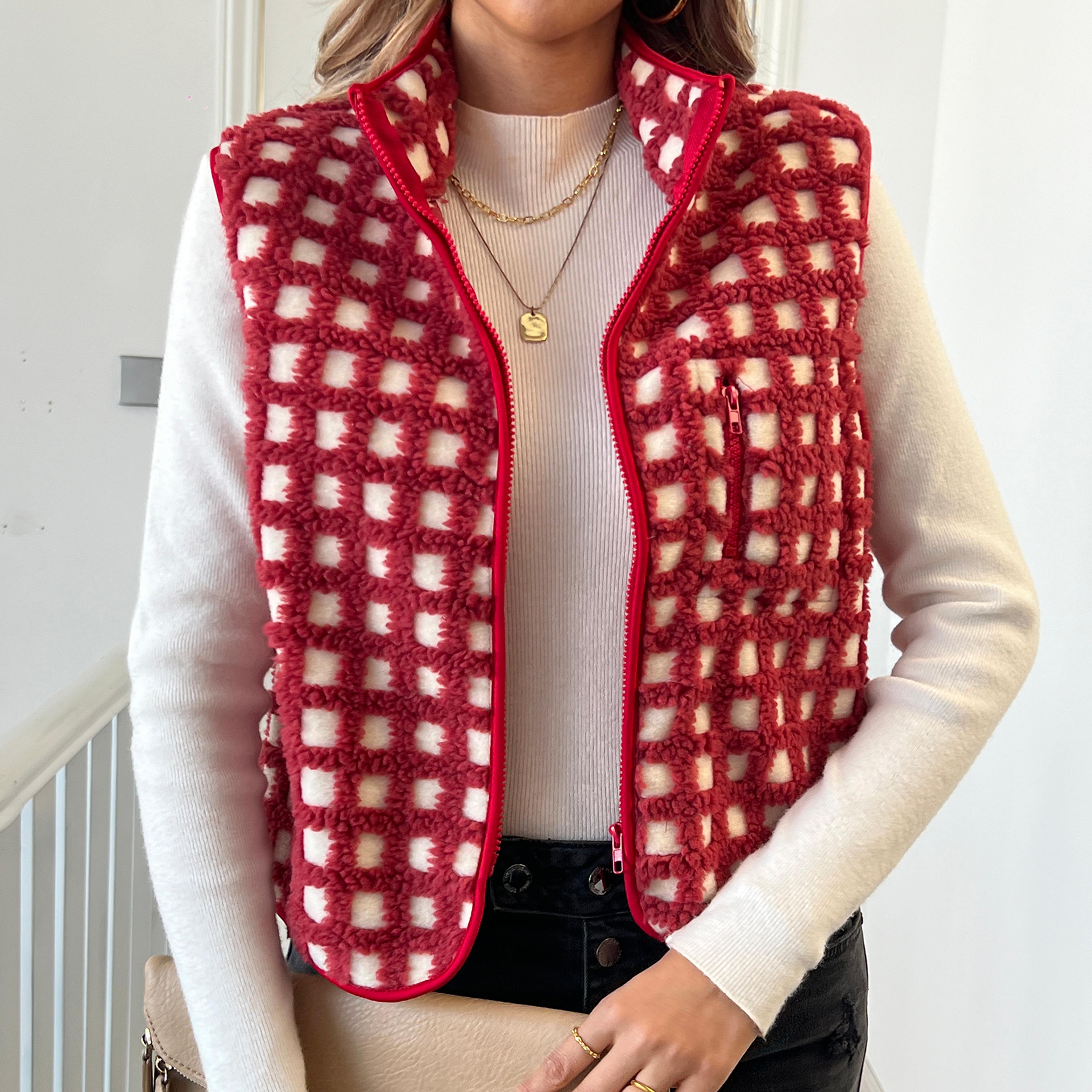 womens fuzzy checkered vest, stand collar zip up jacket, sleeveless warm outwear, loose fit spring fall layer