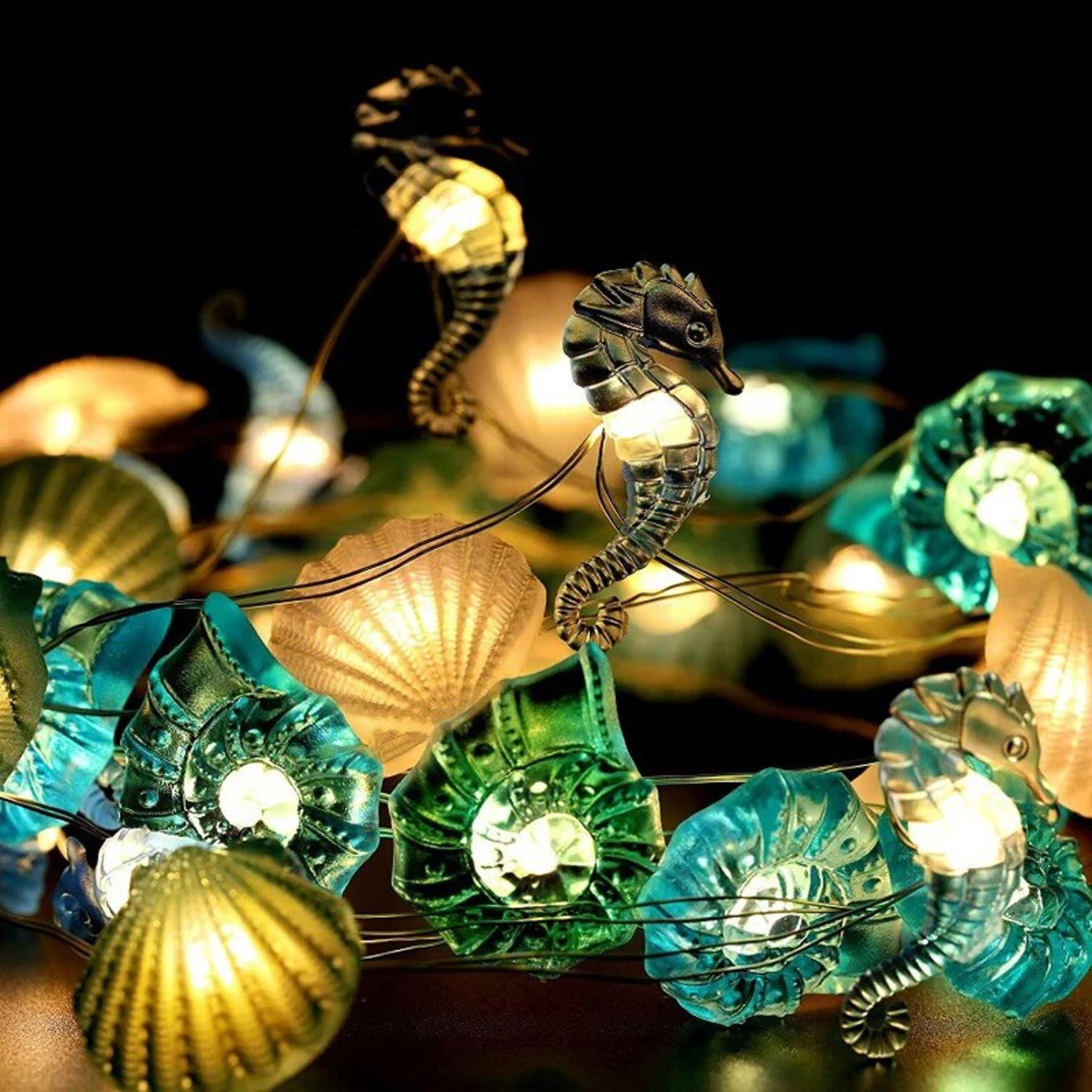 ocean theme party decor: 2m 20led seashell starfish string lights - mermaid birthday, baby shower fairy light favor
