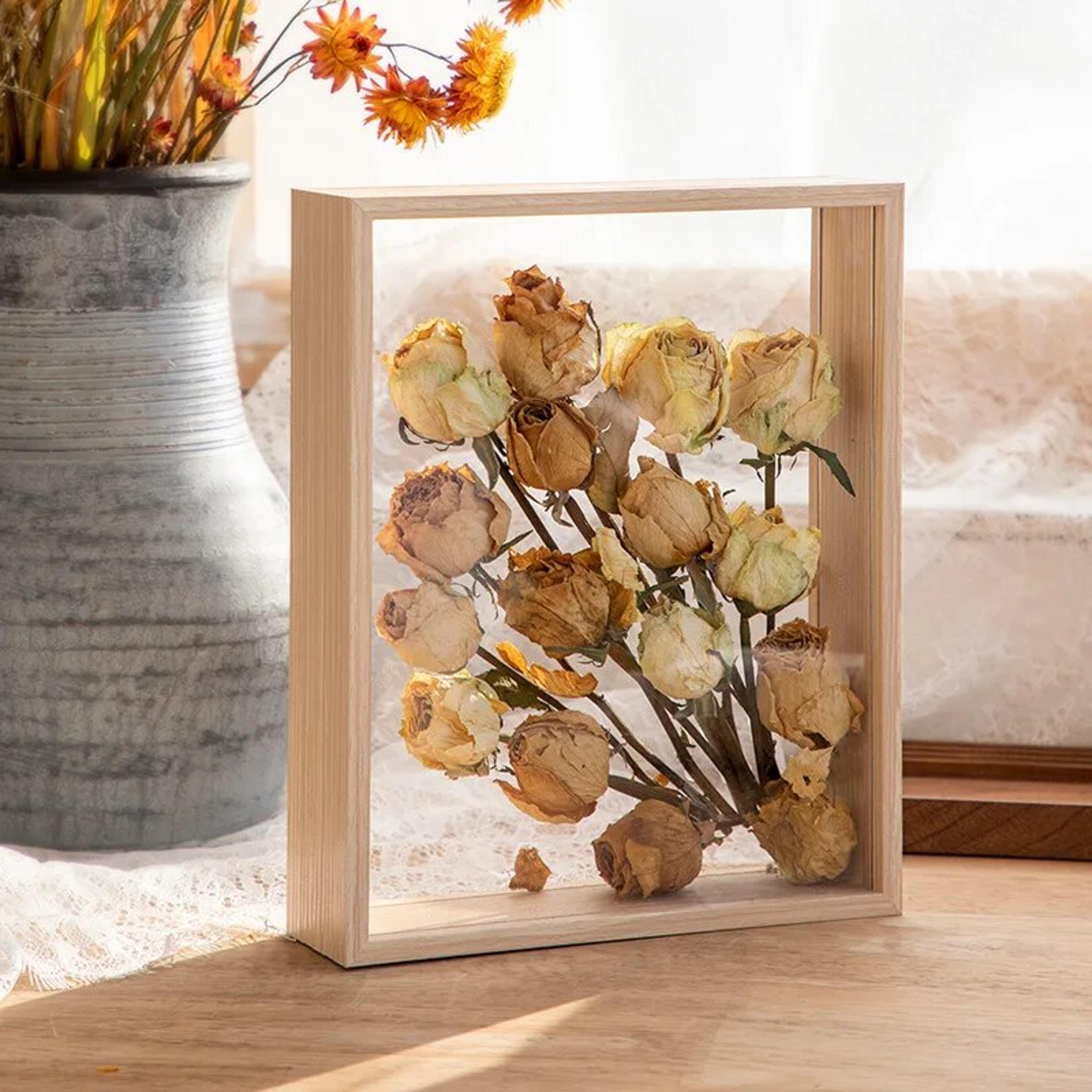 4cm deep transparent shadow box frames for crafts & 3d picture memorabilia - wooden tabletop bouquet display flower case