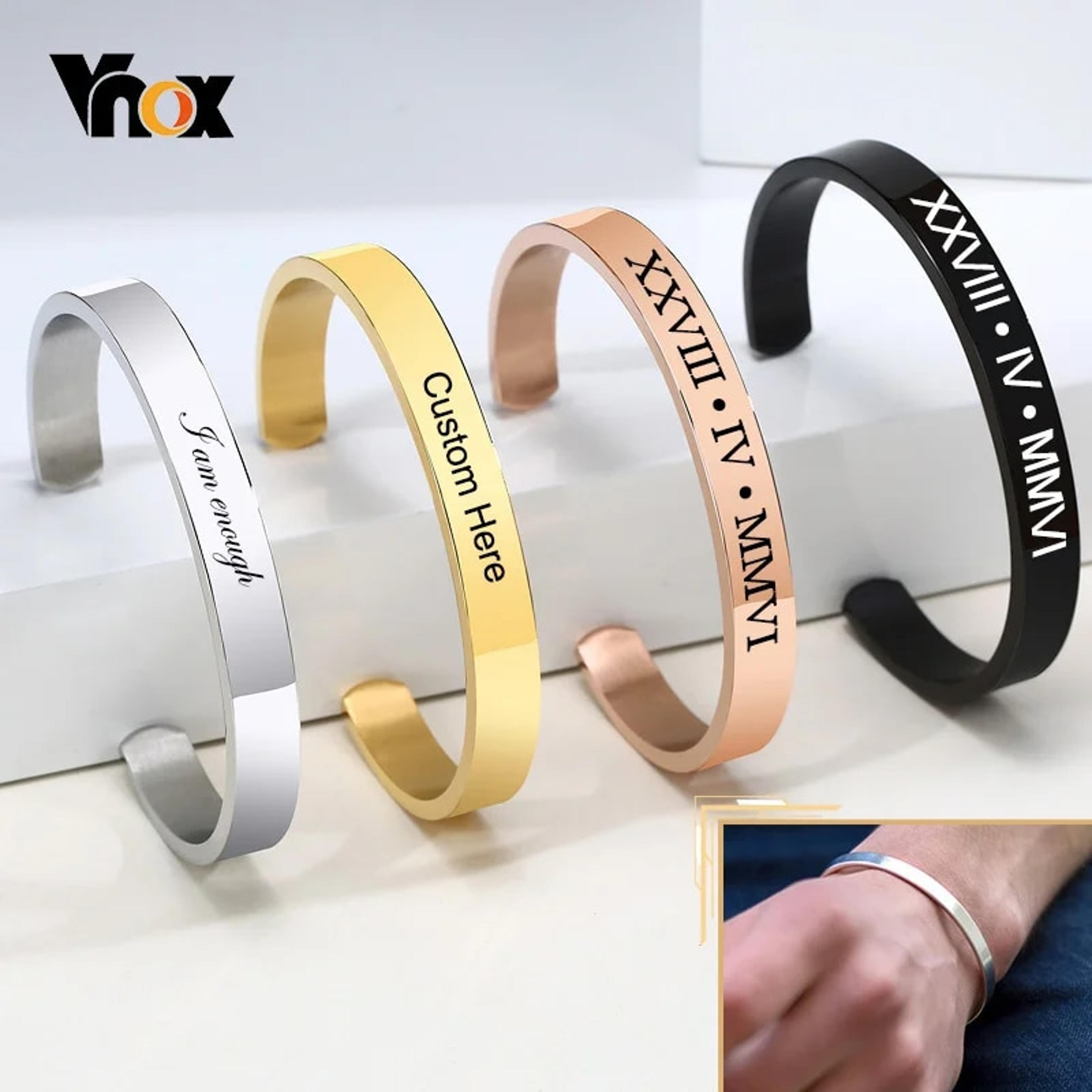 vnox stainless steel personalized bangle, custom classic cuff bracelet for men and women, ideal birthday gift
