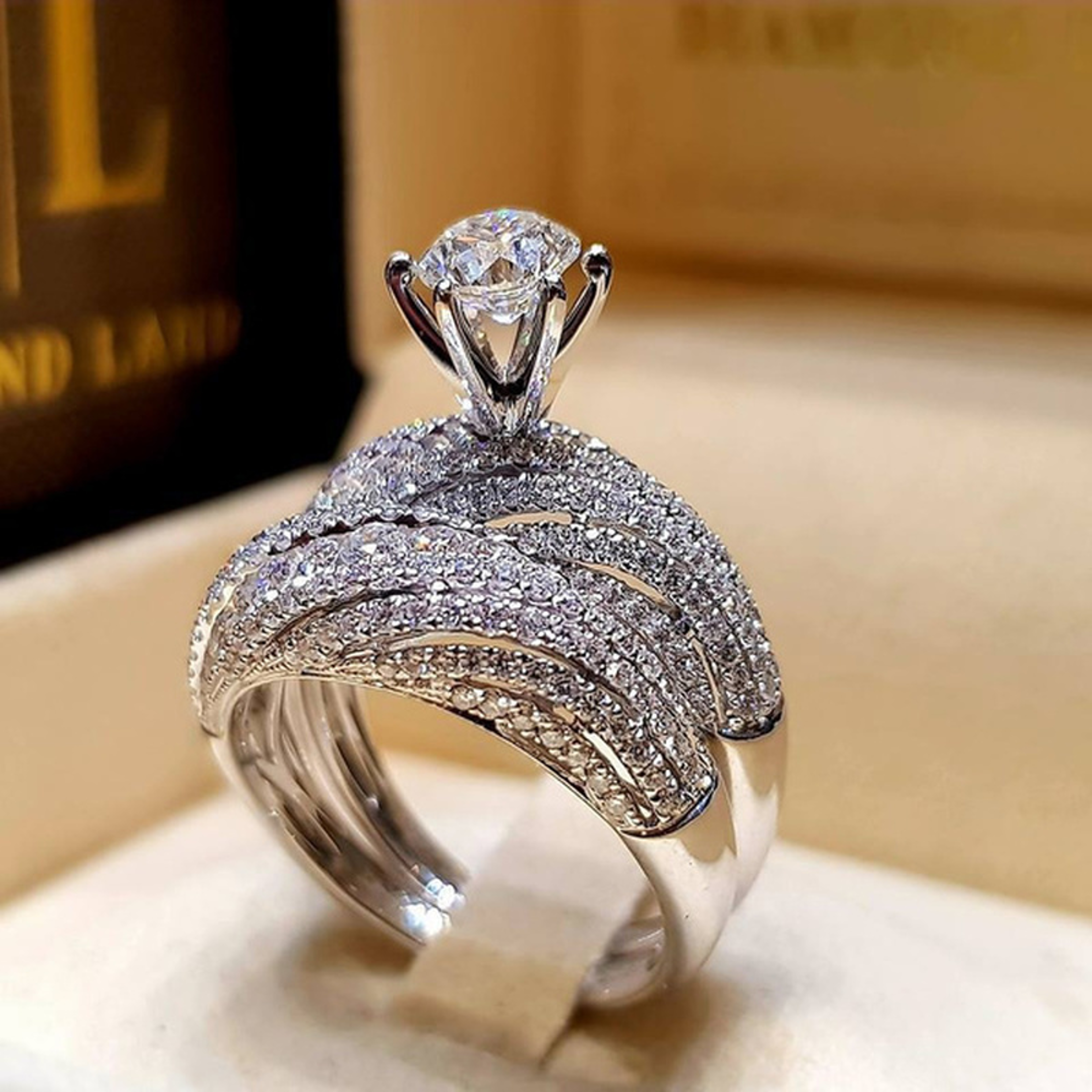 stunning silver hip hop ring with white zircon stones - ideal for bridal engagement
