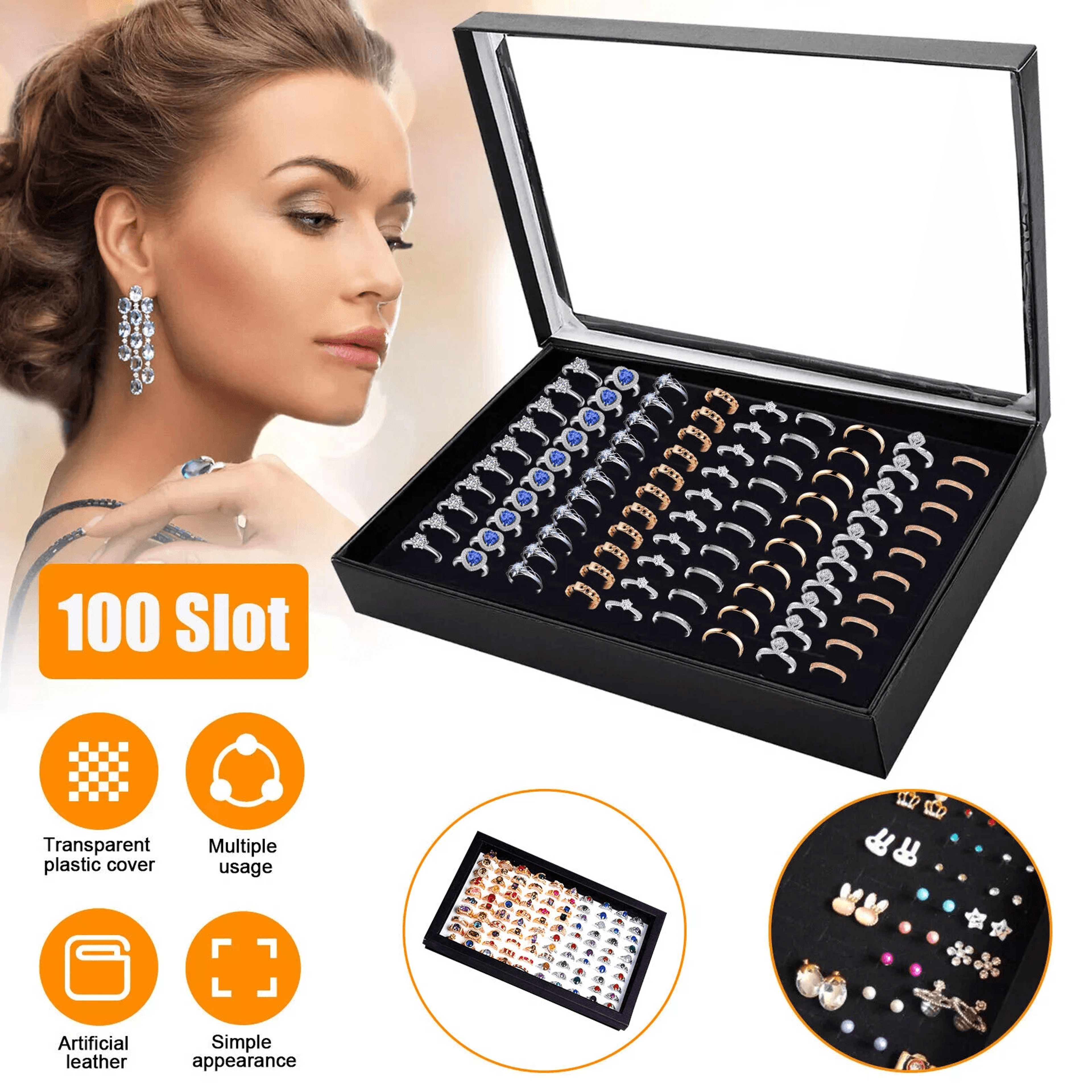 100 slot ring box jeweller display organiser tray holder, leather ring storage case for earrings, jewelry, and gift coll