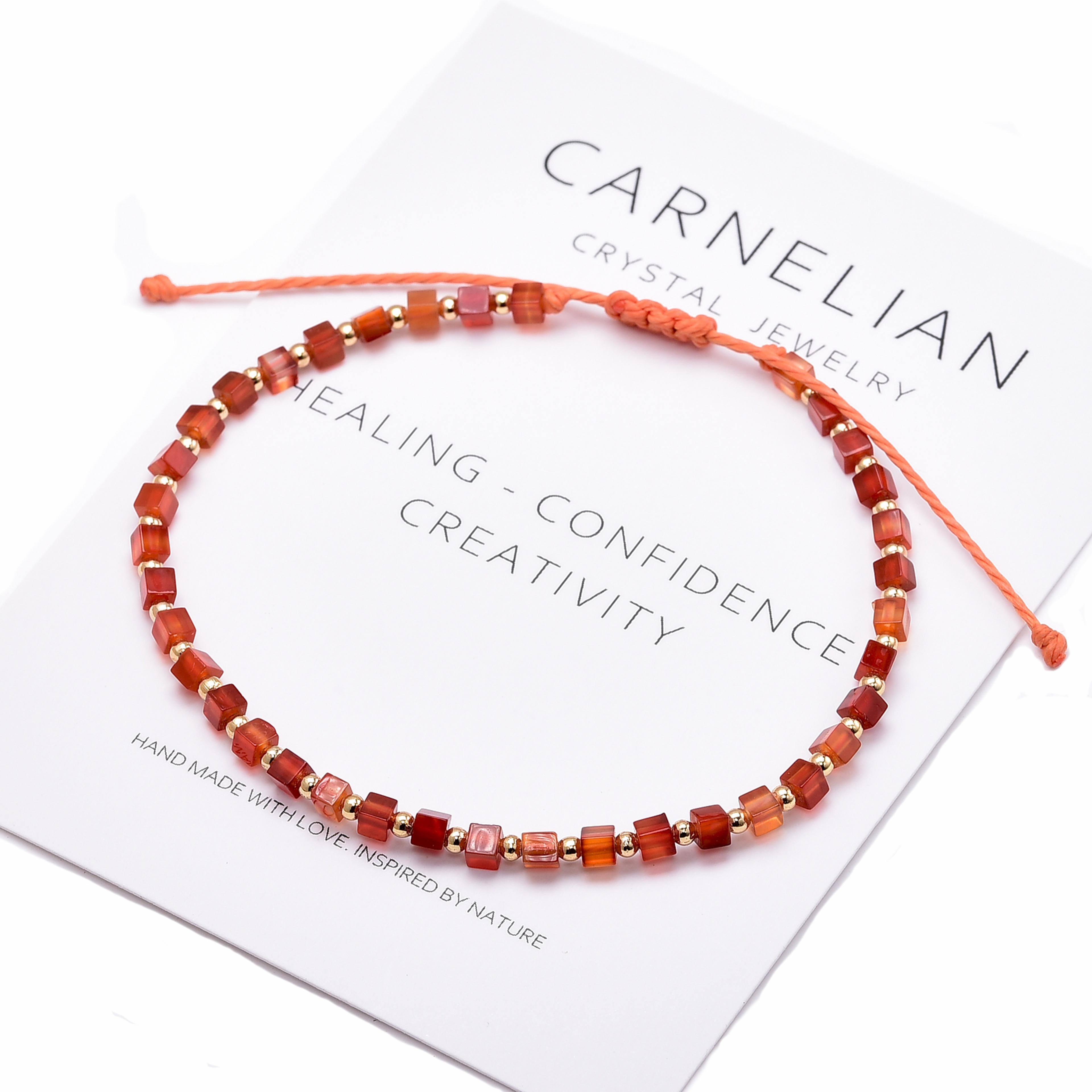 dainty red carnelian bracelet small square agate gold plated copper braided bracelet for women