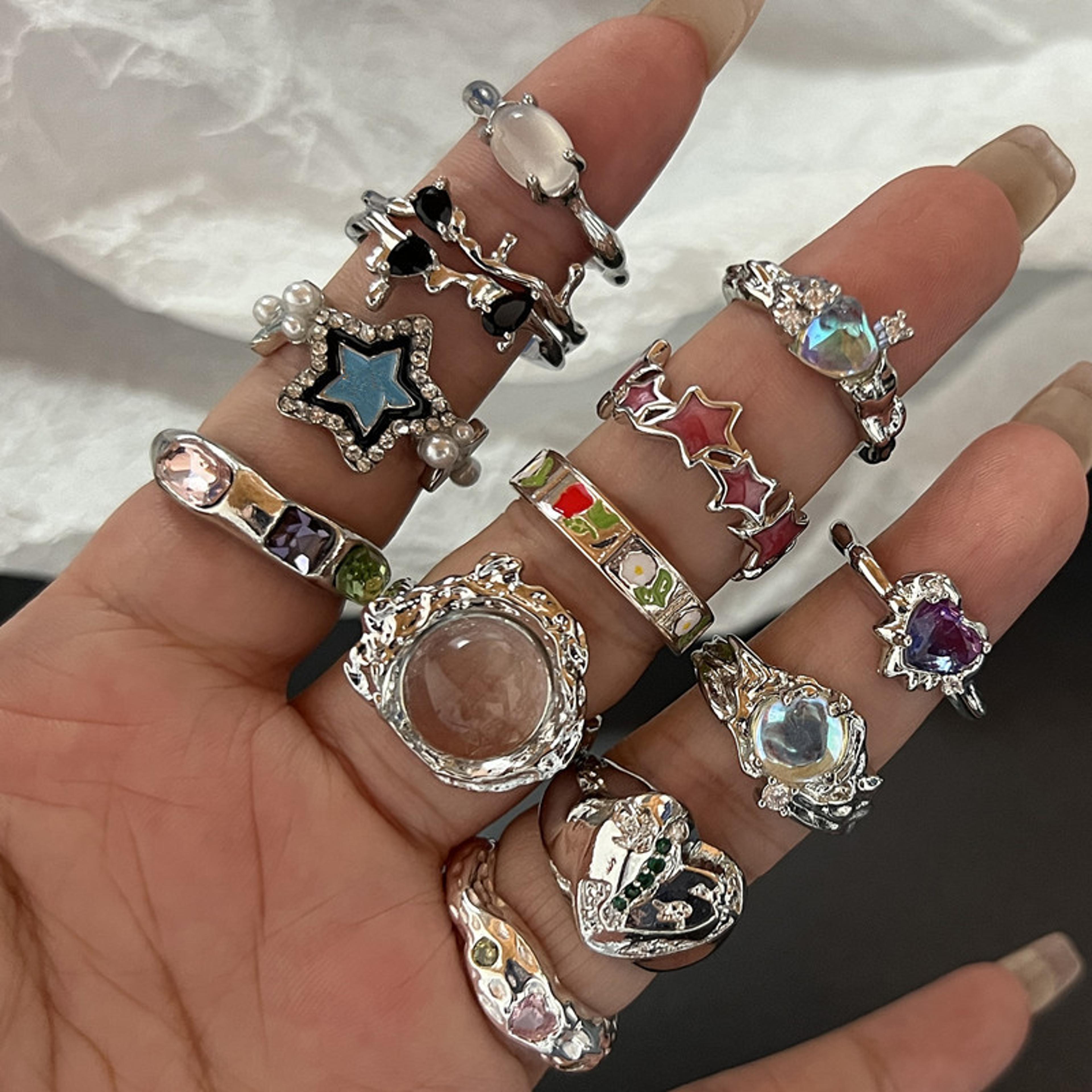 y2k crystal rings: adjustable kpop heart & irregular geometry vintage set for women - punk fashion jewelry for girls