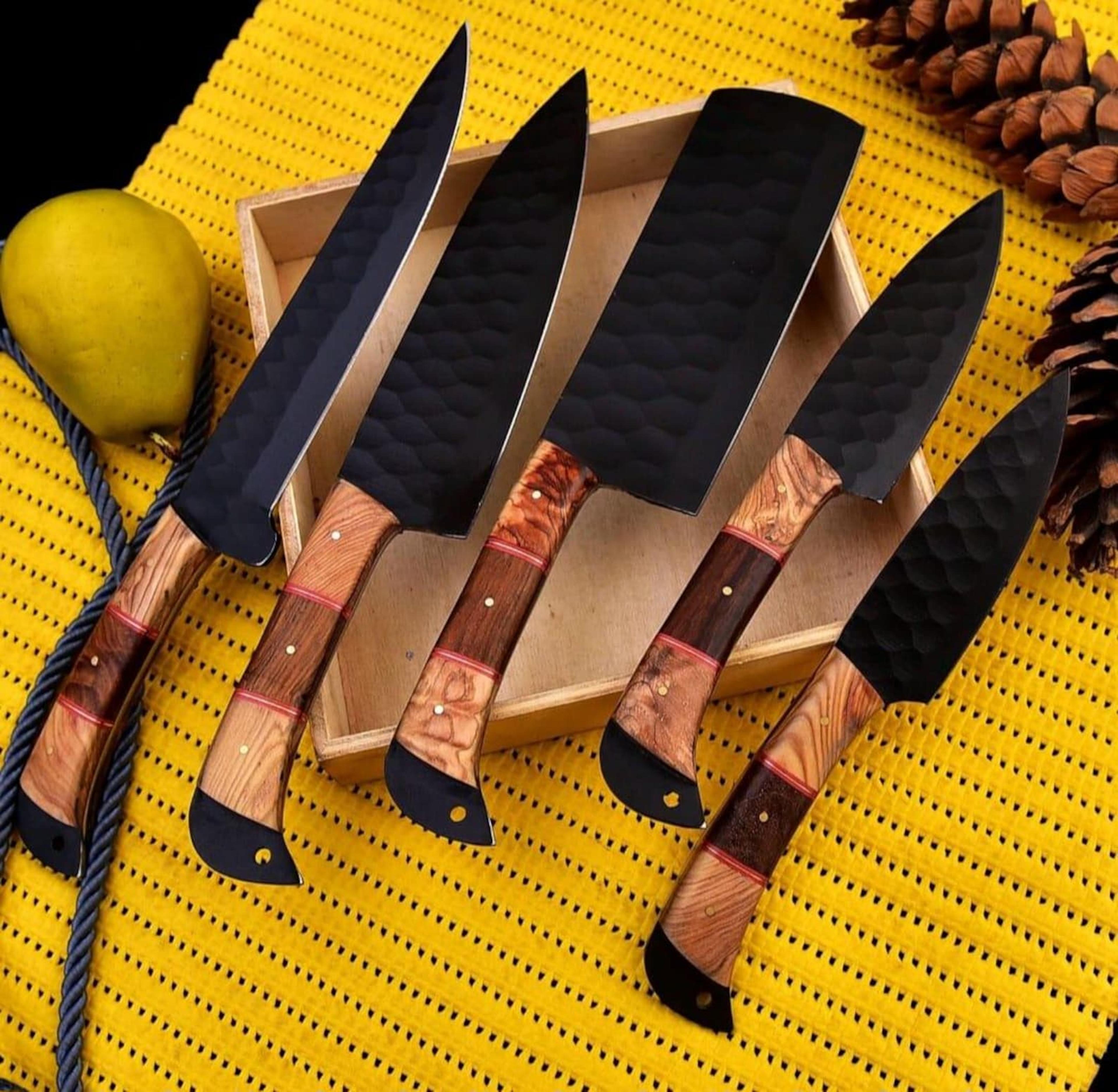 forged chef knife set (5 piece) | black hammered kitchen knives with wooden handles | chef gift