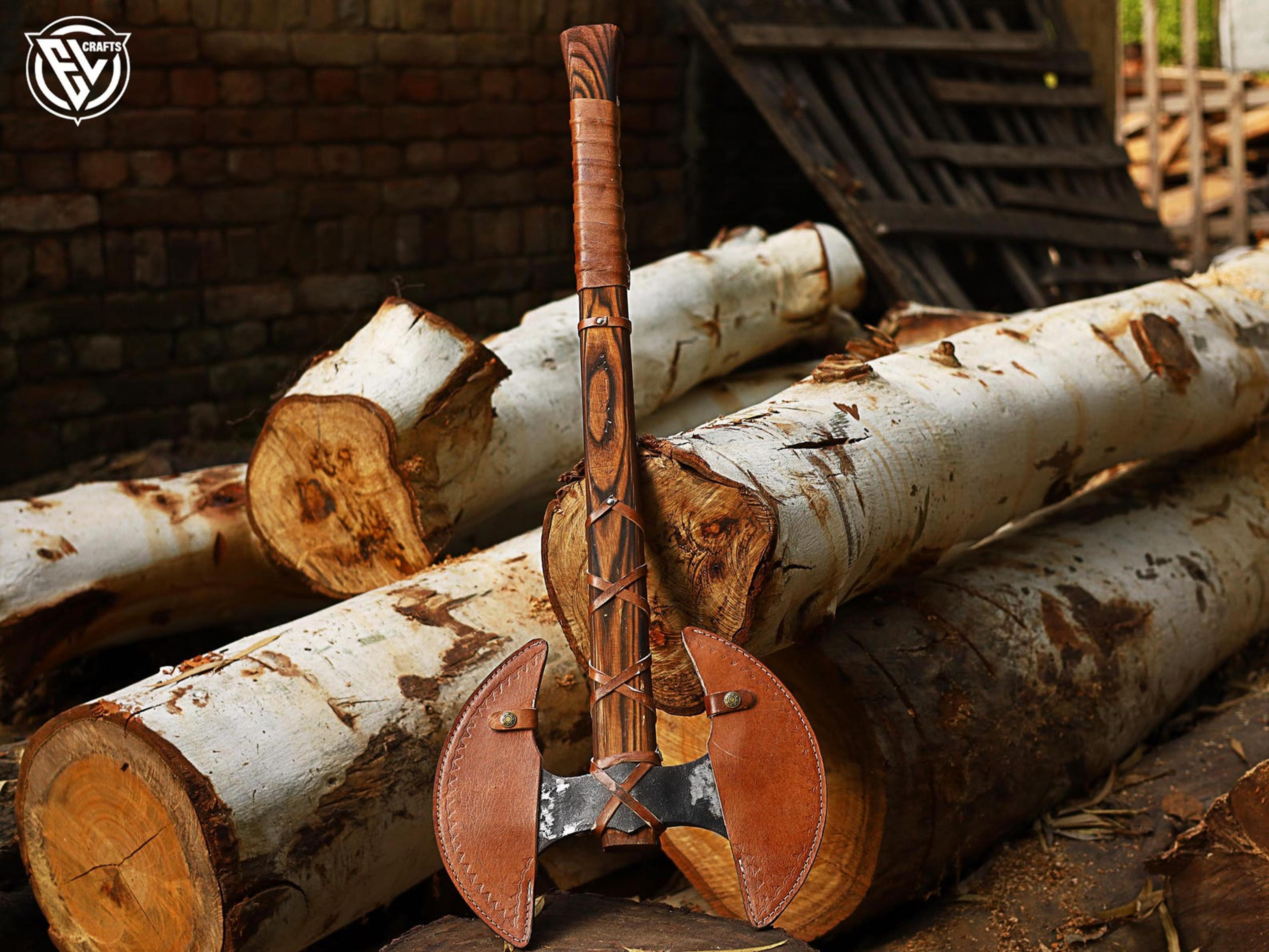 HandForged Carbon Steel Double Headed Axe Engraved Wood Leather Sheath For Display And Utility 4