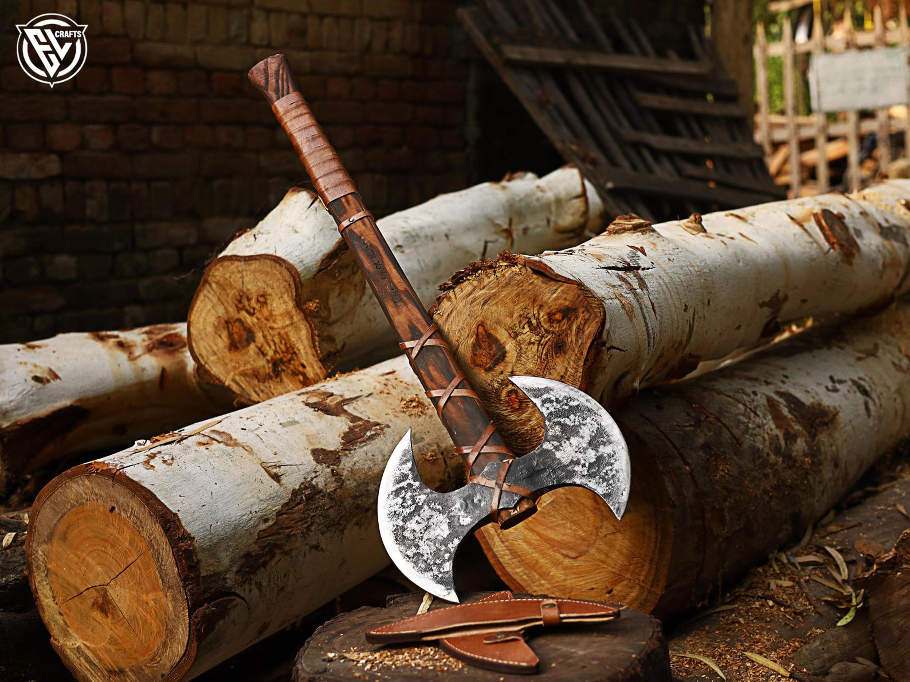 HandForged Carbon Steel Double Headed Axe Engraved Wood Leather Sheath For Display And Utility 7