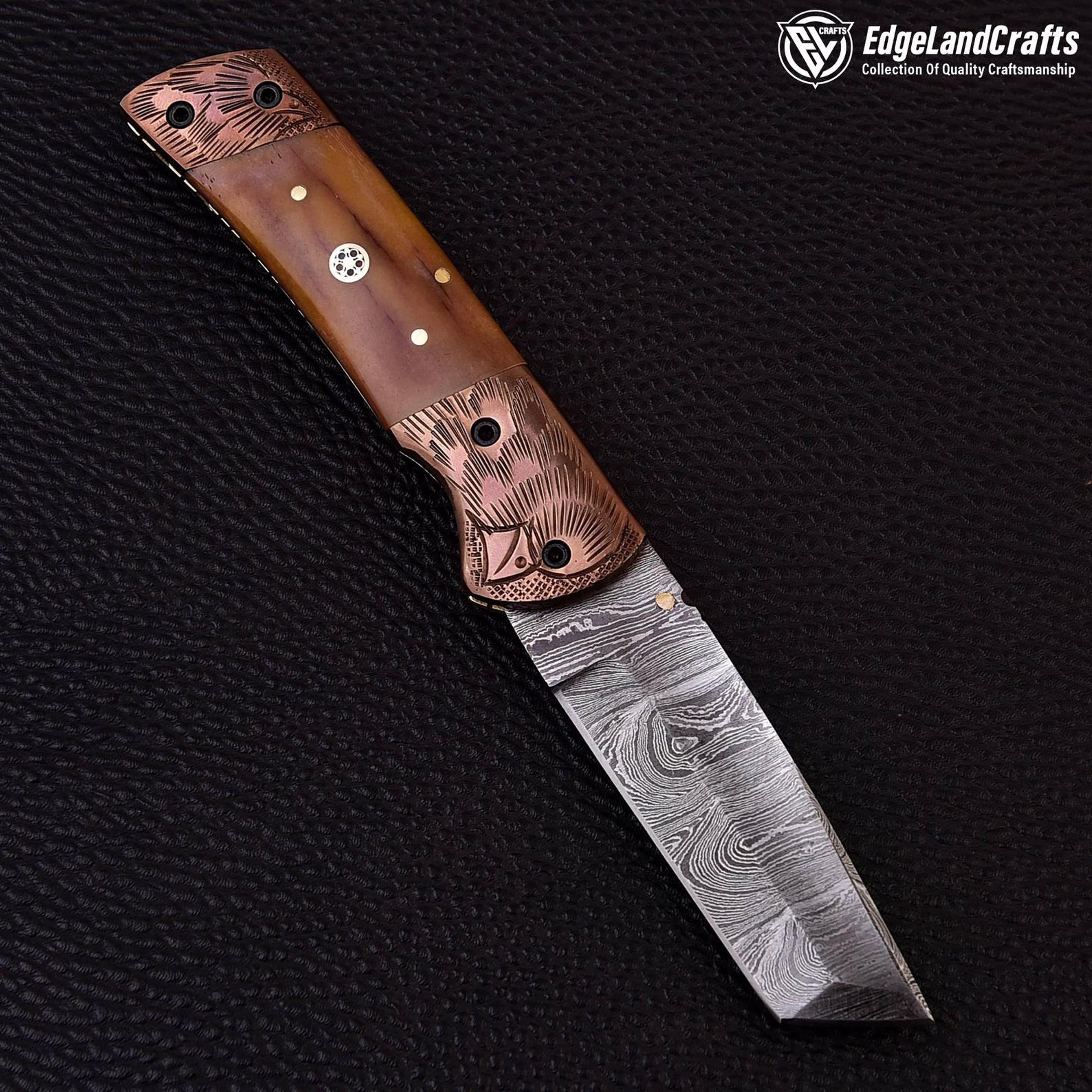 Handmade Damascus Steel Tanto Pocket Knife With Camel Bone Handle Leather Sheath Perfect Gift F 3