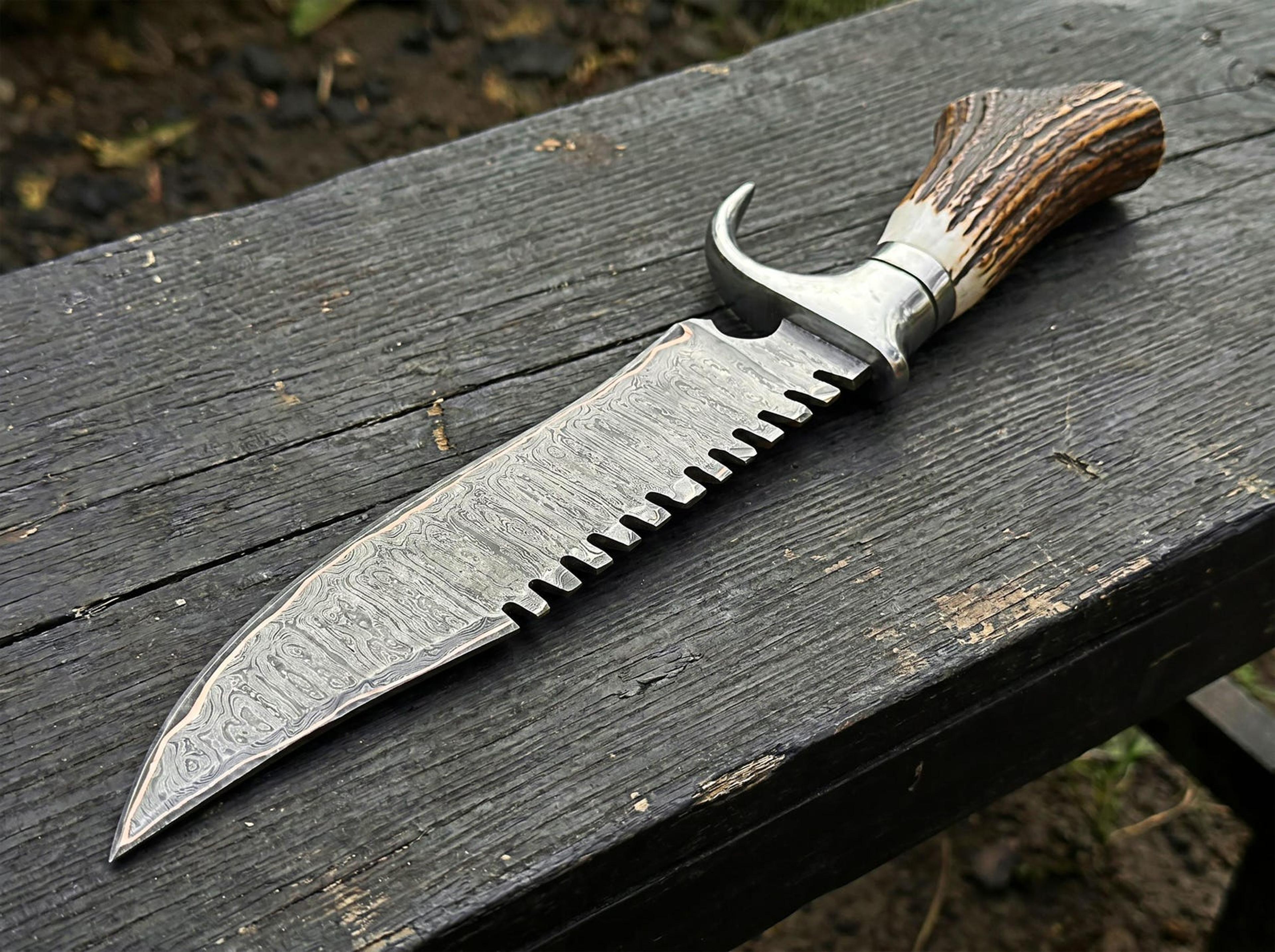 HighQuality Copper Damascus Hunter Knife With Stag Handle And Handmade Leather Sheath For Outd 1