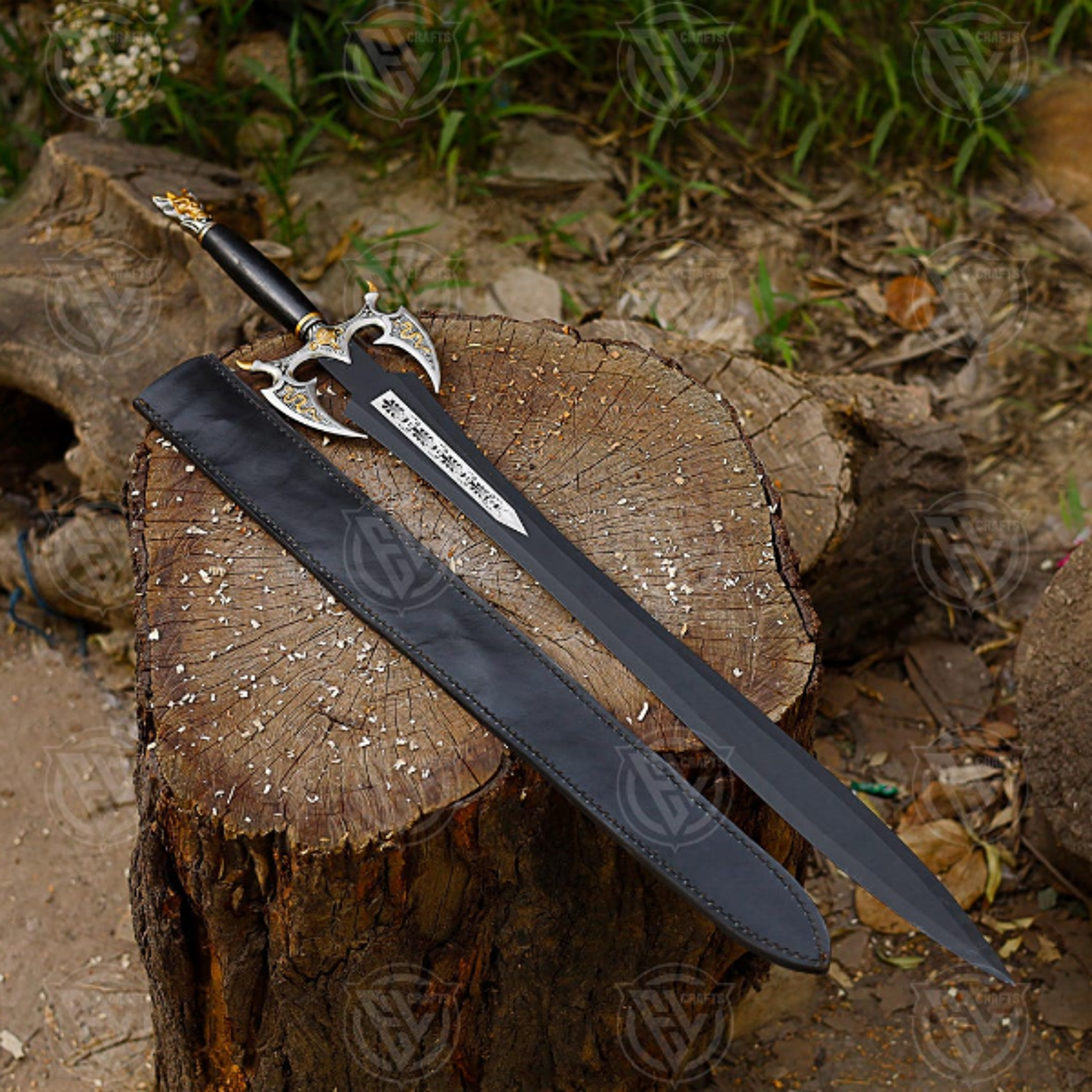 fantasy longsword decorative piece with powder coated blade and metal handle for cosplay displa