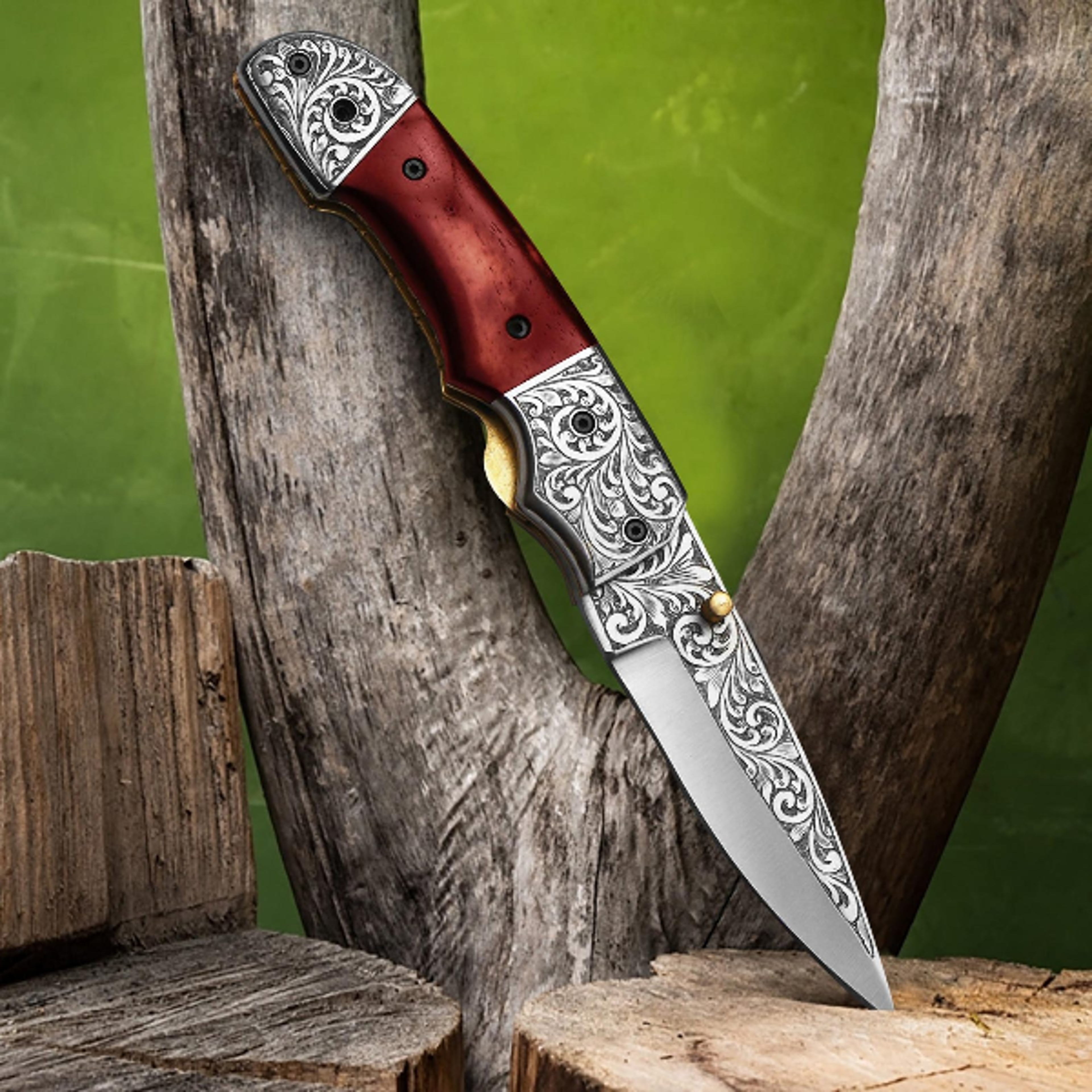 engraved stainless steel folding knife with custom rose wood handle and personalized steel blad