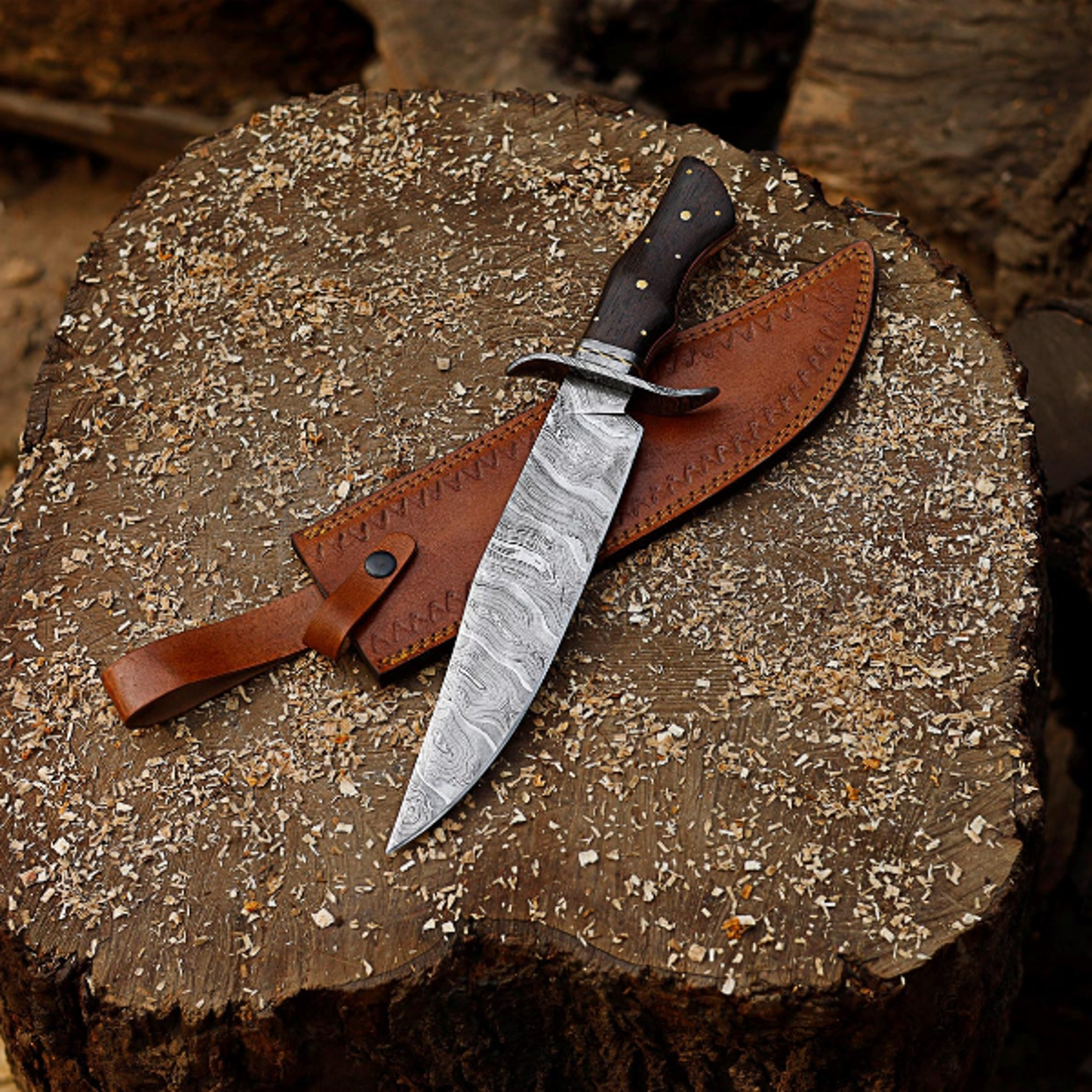 authentic handmade damascus steel bowie knife with snake pattern blade - perfect gift for campi