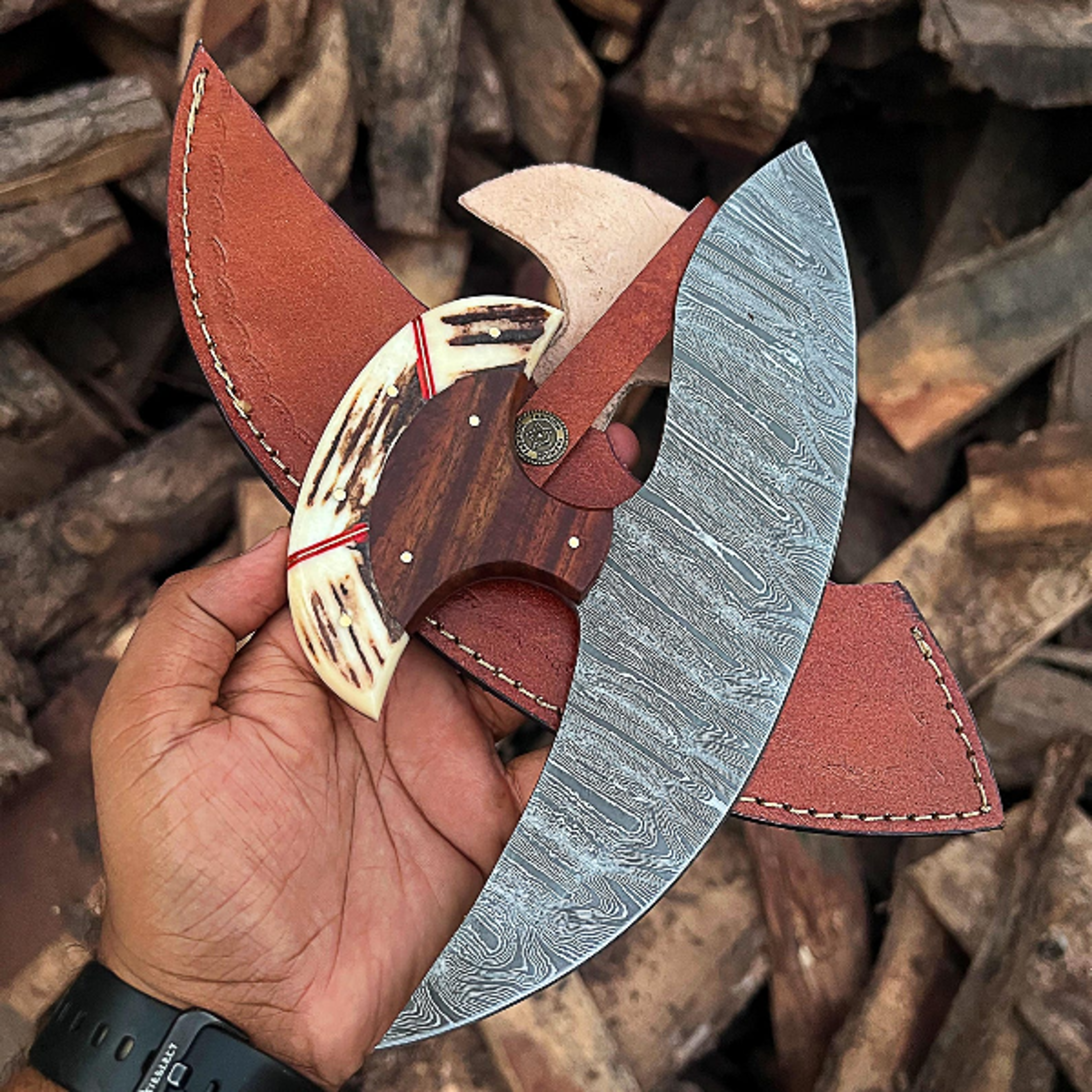 unique handcrafted copper damascus steel bowie knife with stag horn handle and leather sheath