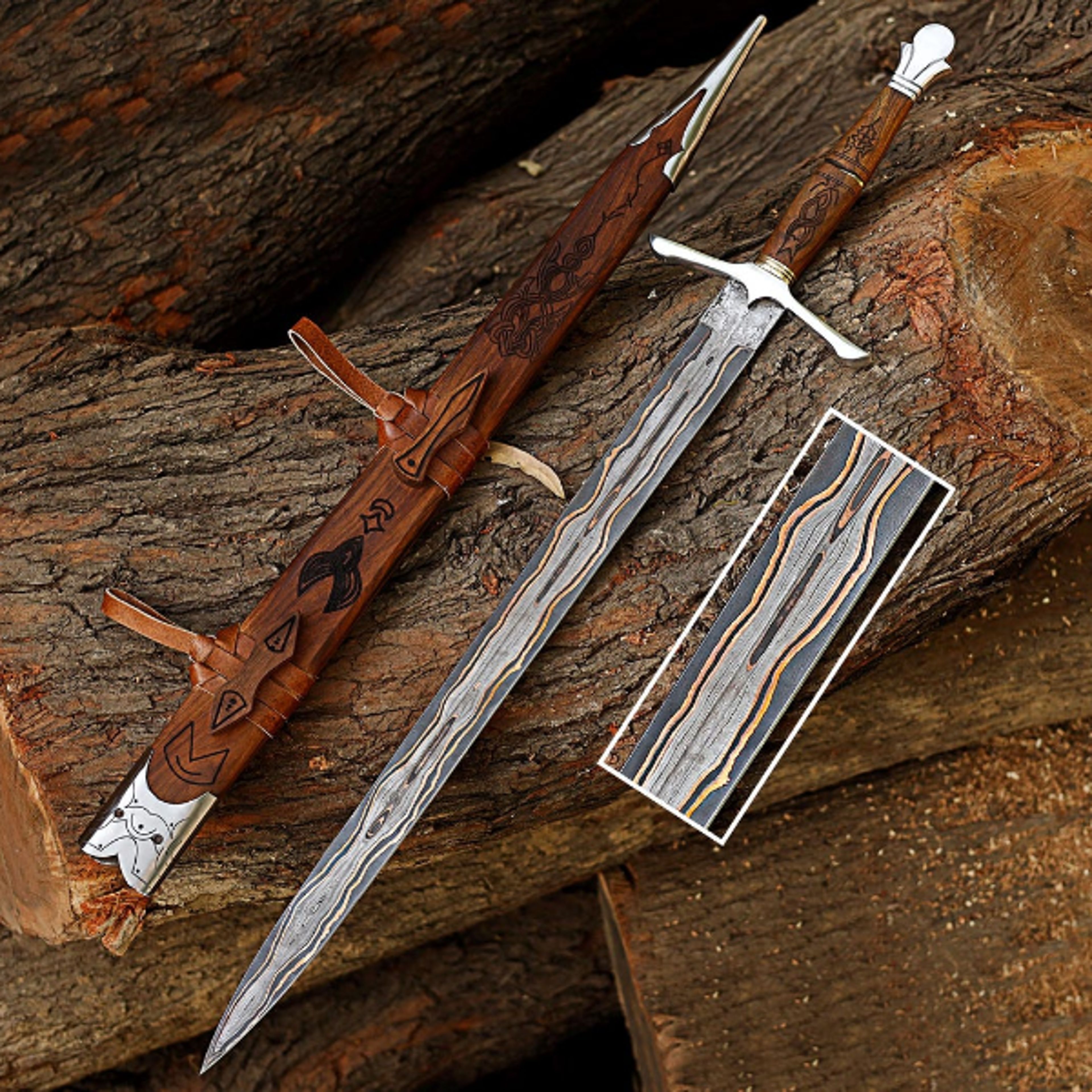 custom hand forged damascus steel viking sword with wooden handle medieval long sword gift for hunter