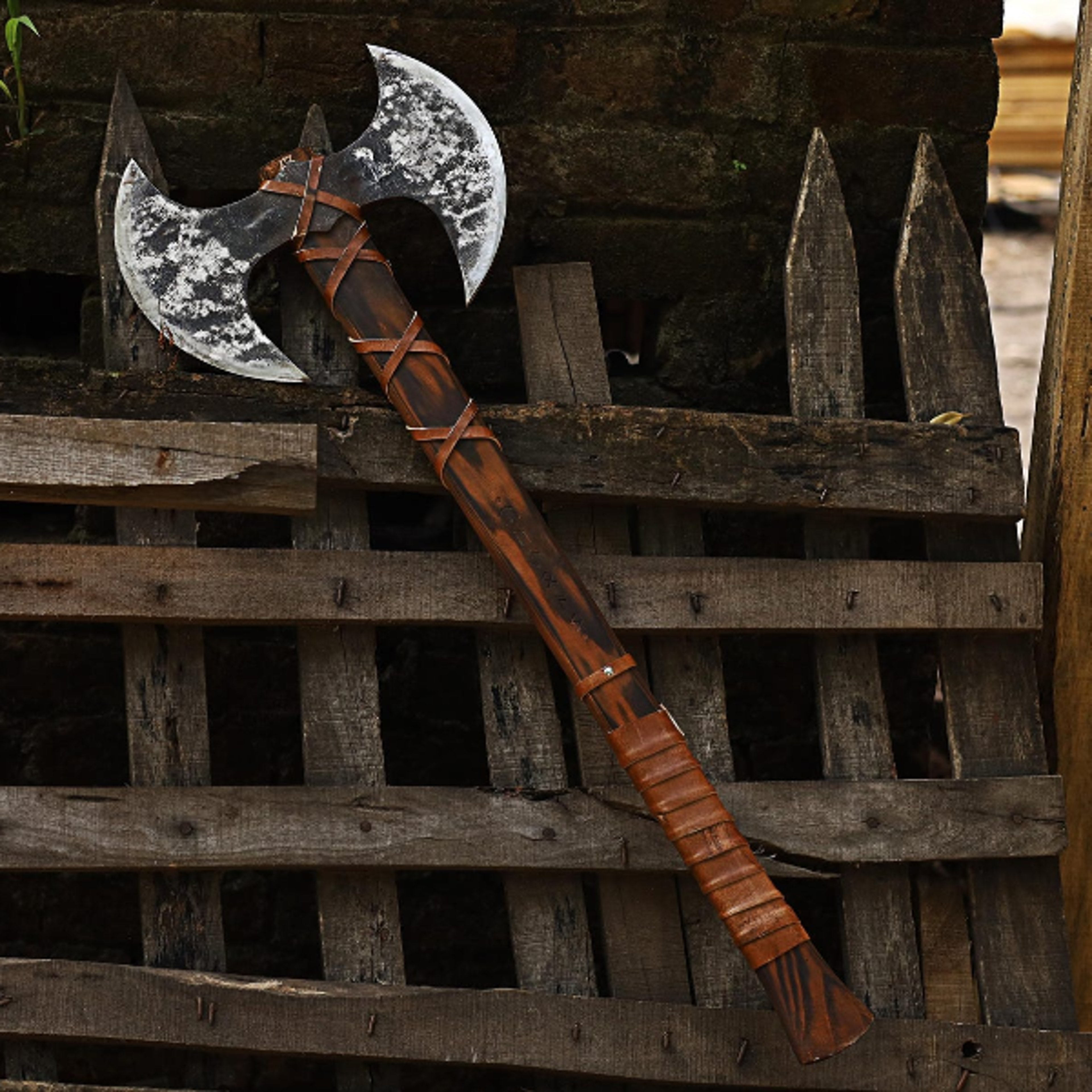 hand-forged carbon steel double headed axe engraved wood leather sheath for display and utility
