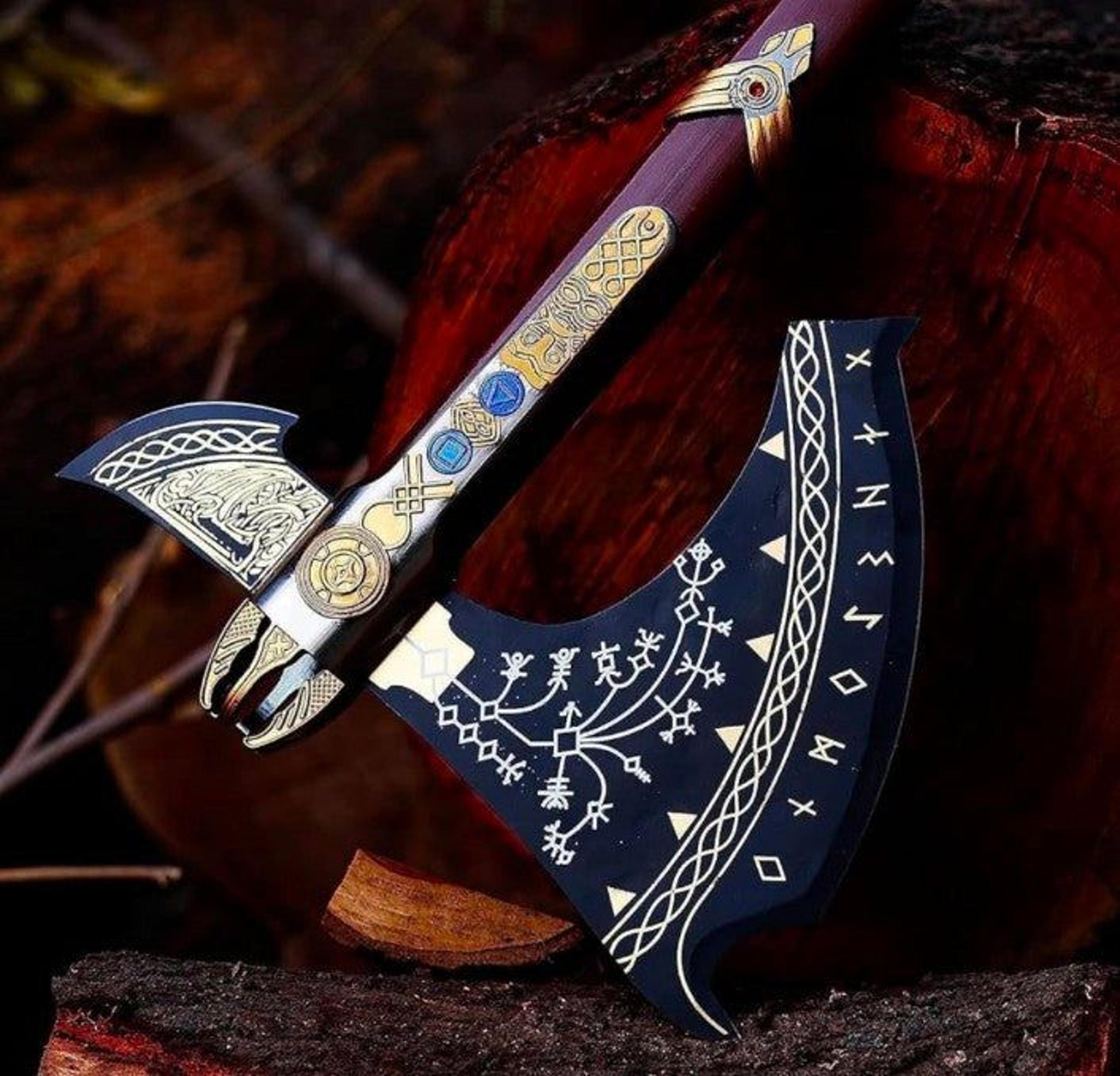 Hand Forged God Of War Leviathan Axe Replica  Kratos Norse Battle Axe With Decorative Wooden Handle 3