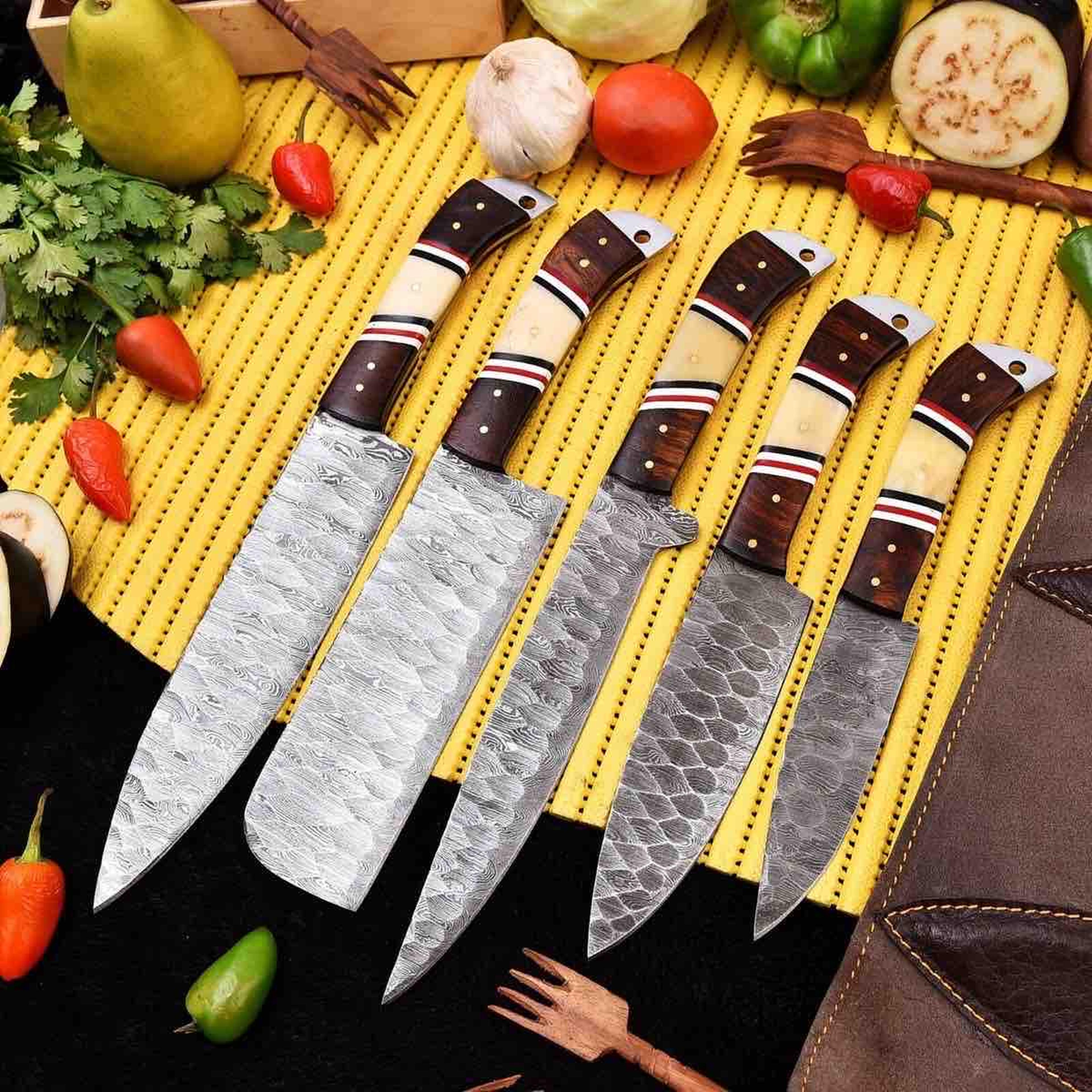 handmade kitchen chef knives set , damascus steel chef knives , leather roll kit , best for cooking , kitchen collection