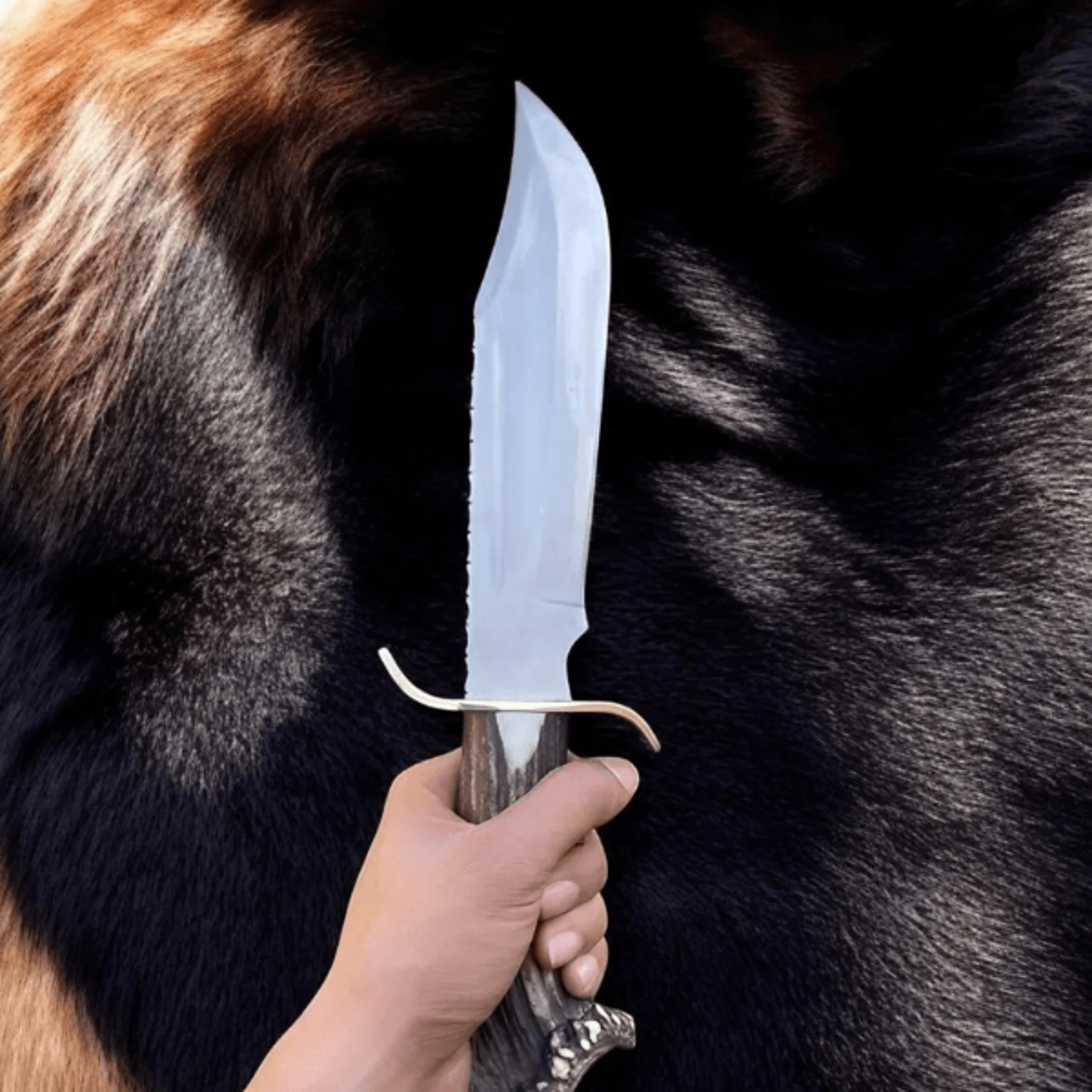 bowie knife | stag antler handle | water-tempered hunting knife with leather sheath | hand-forged survival knife