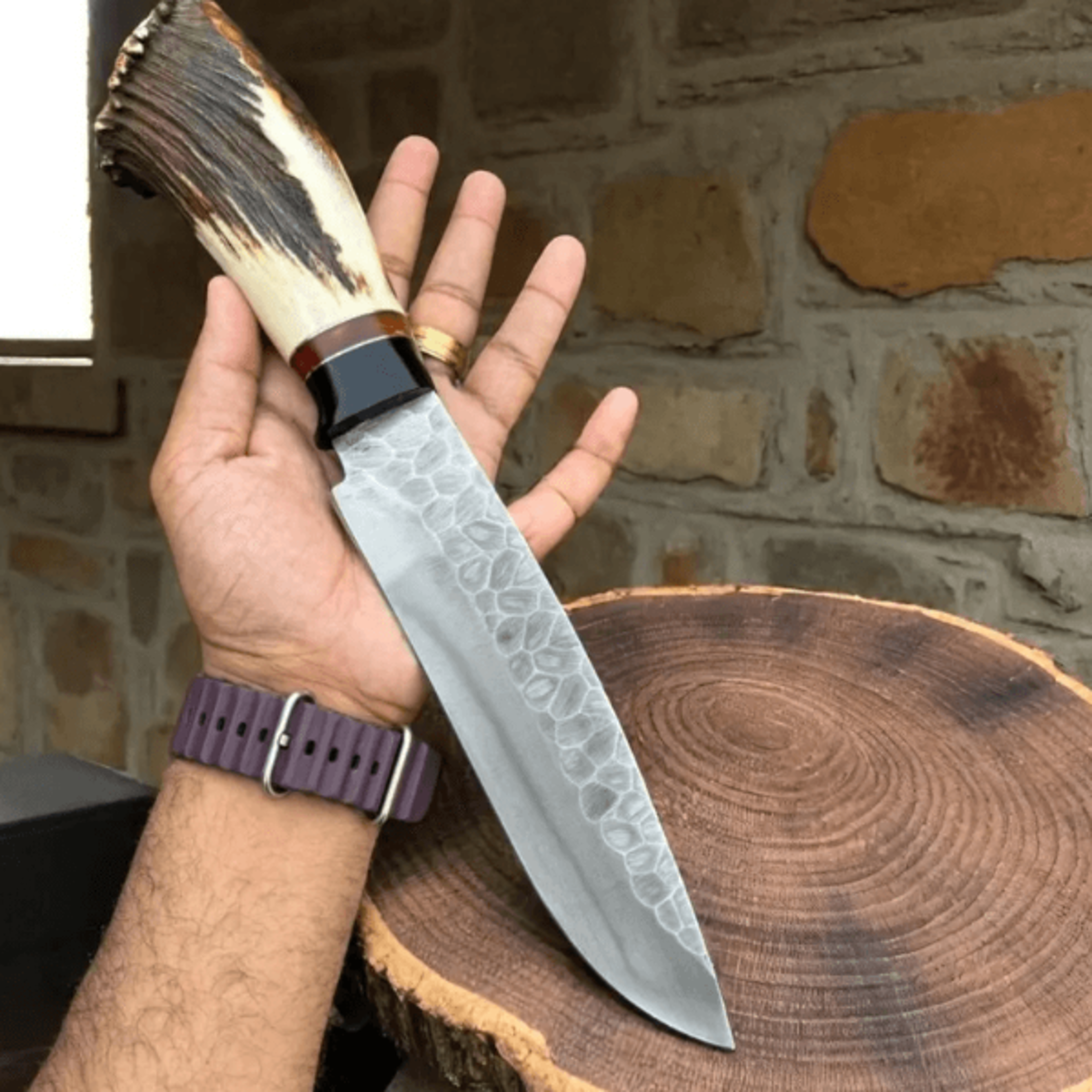 15" handmade high carbon steel hunting knife | hammer-forged blade | genuine stag handle with leather sheath