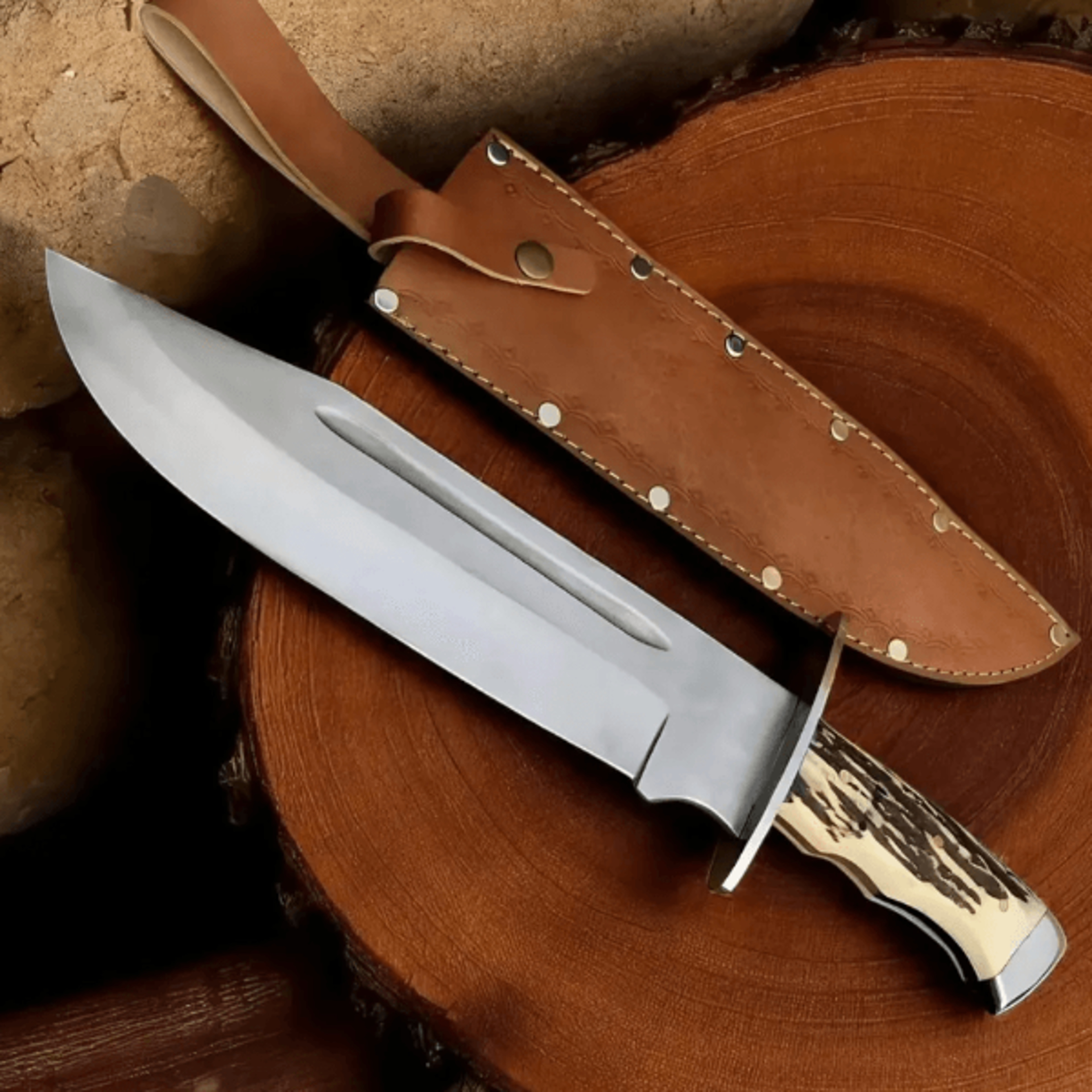 handmade d2 steel bowie knife | 15" hunting blade with stag horn handle + leather sheath | survival & outdoor knife