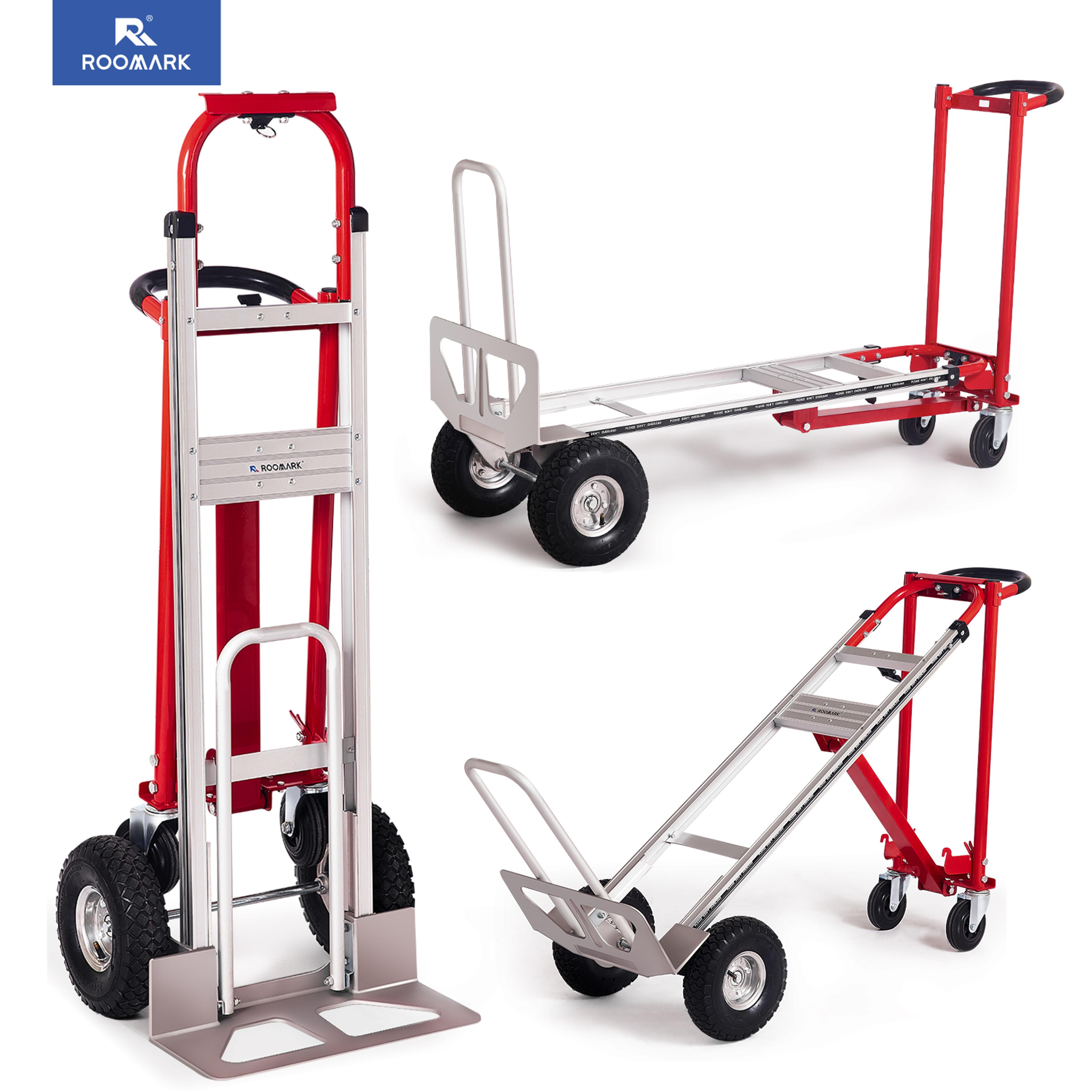 roomark convertible hand truck dolly, heavy-duty moving cart with telescopic frame, non-slip wheels, and multi-position