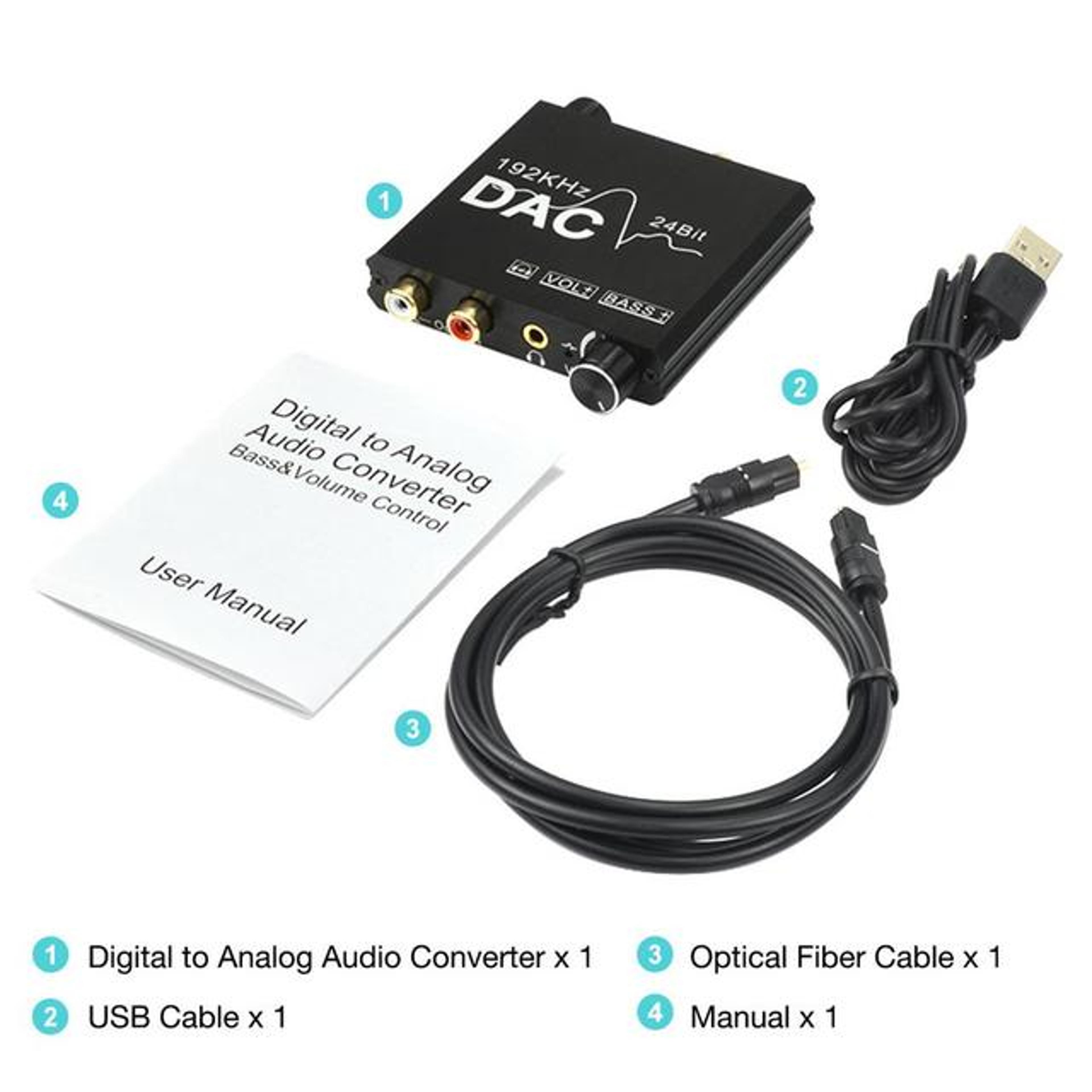 dac digital to analog audio converter, spdif optical toslink coaxial to stereo rca l/r & jack output