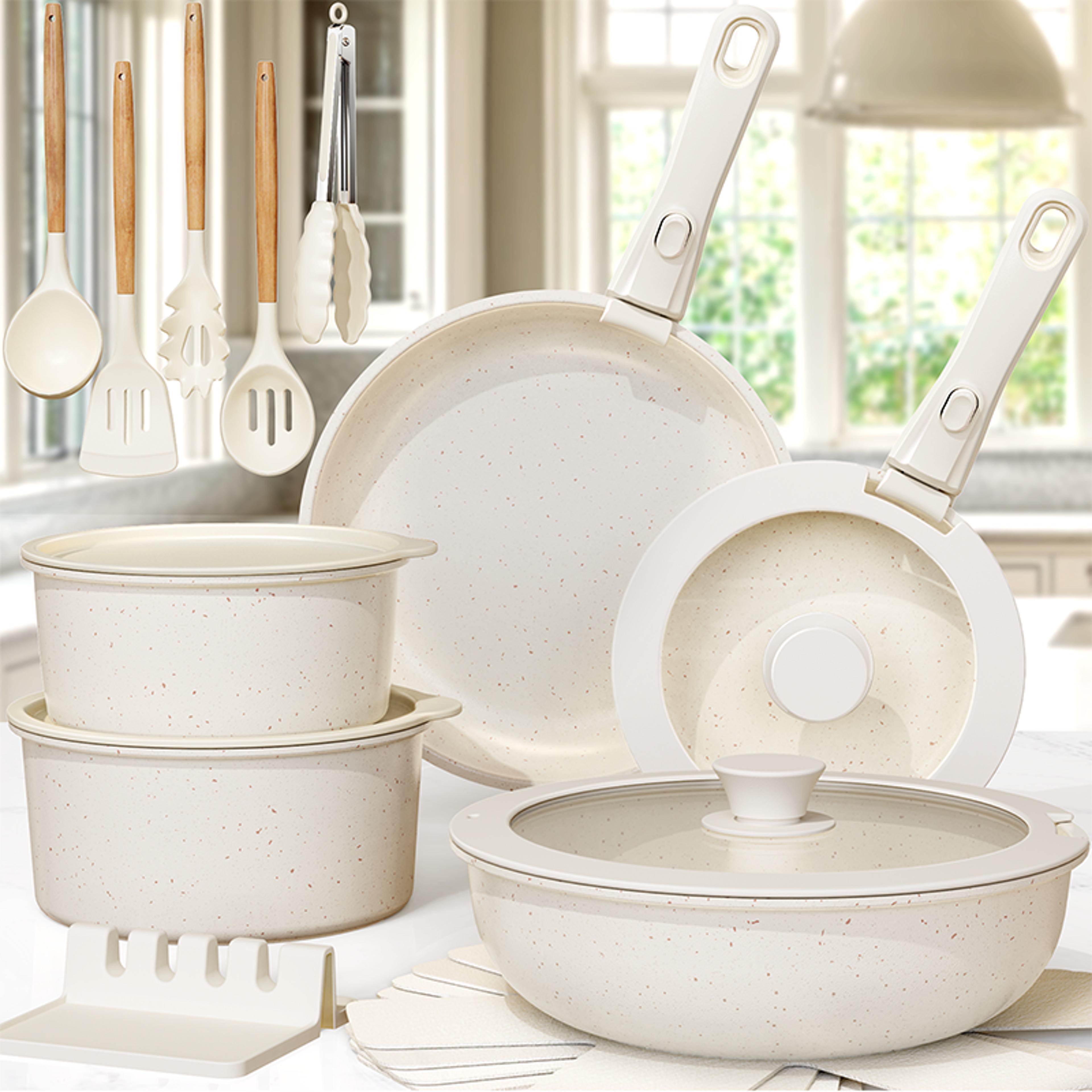 complete milky white ceramic cookware set, astercook non-stick pots and pans set with safe sensor handles