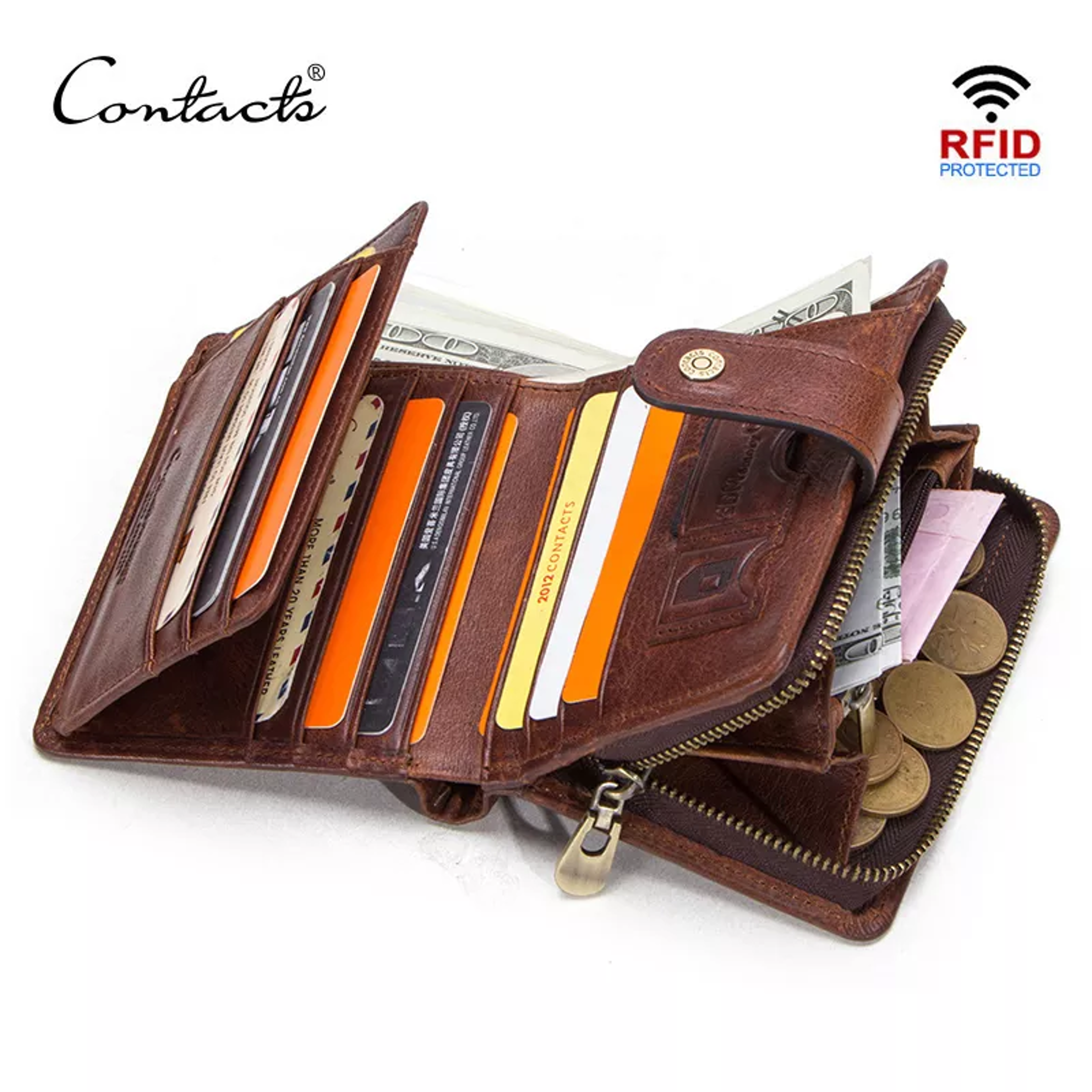 genuine leather rfid wallet for men, vintage short wallet with coin pocket, card holders & zipper pocket mans