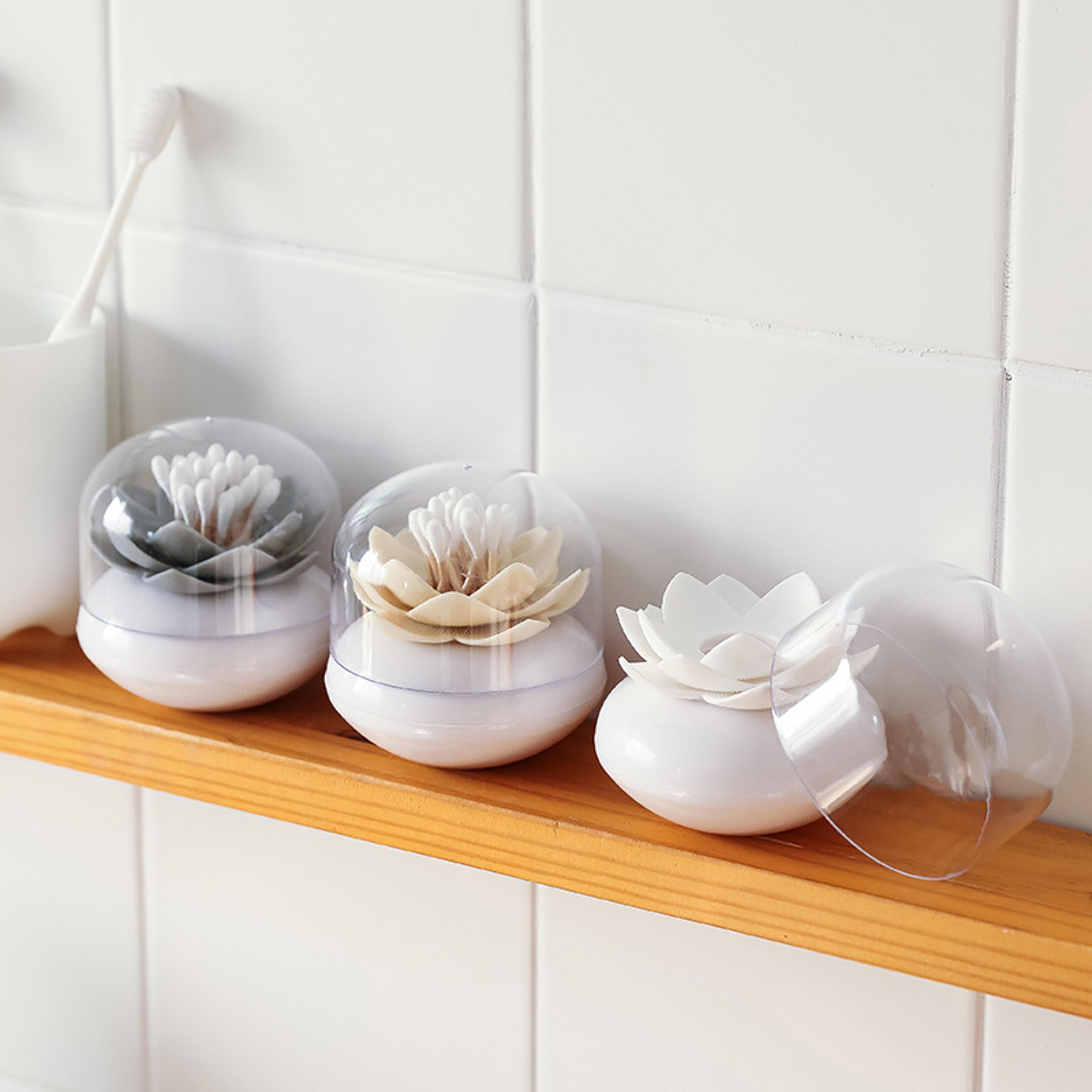 lotus shape q-tip holder cotton swab storage box with lid, multipurpose toothpick holder bathroom organizer
