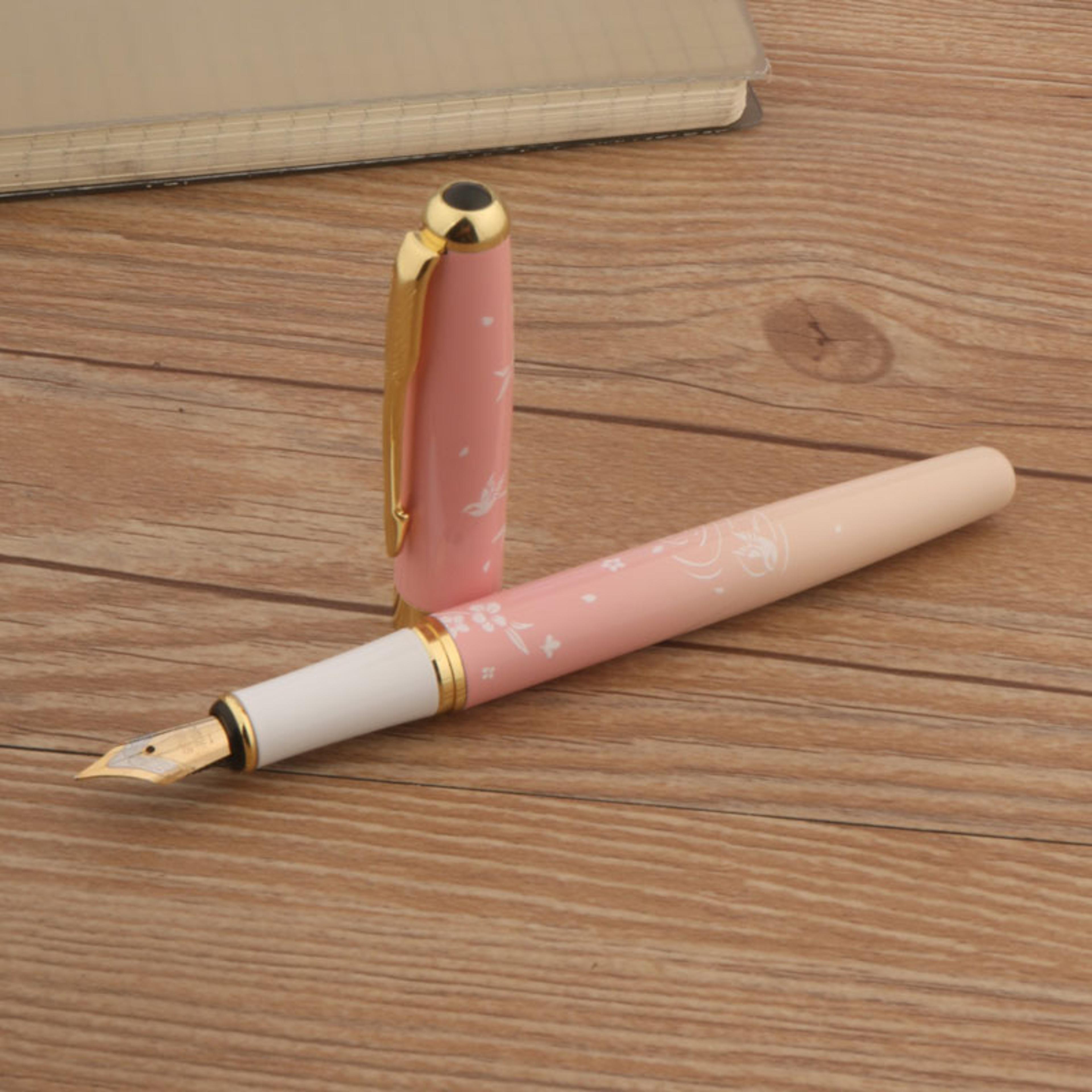 Luxury Pen With Ink Metal Fountain Pen Pink Flowers F Nib Professional Office  School Supplies Gift 2