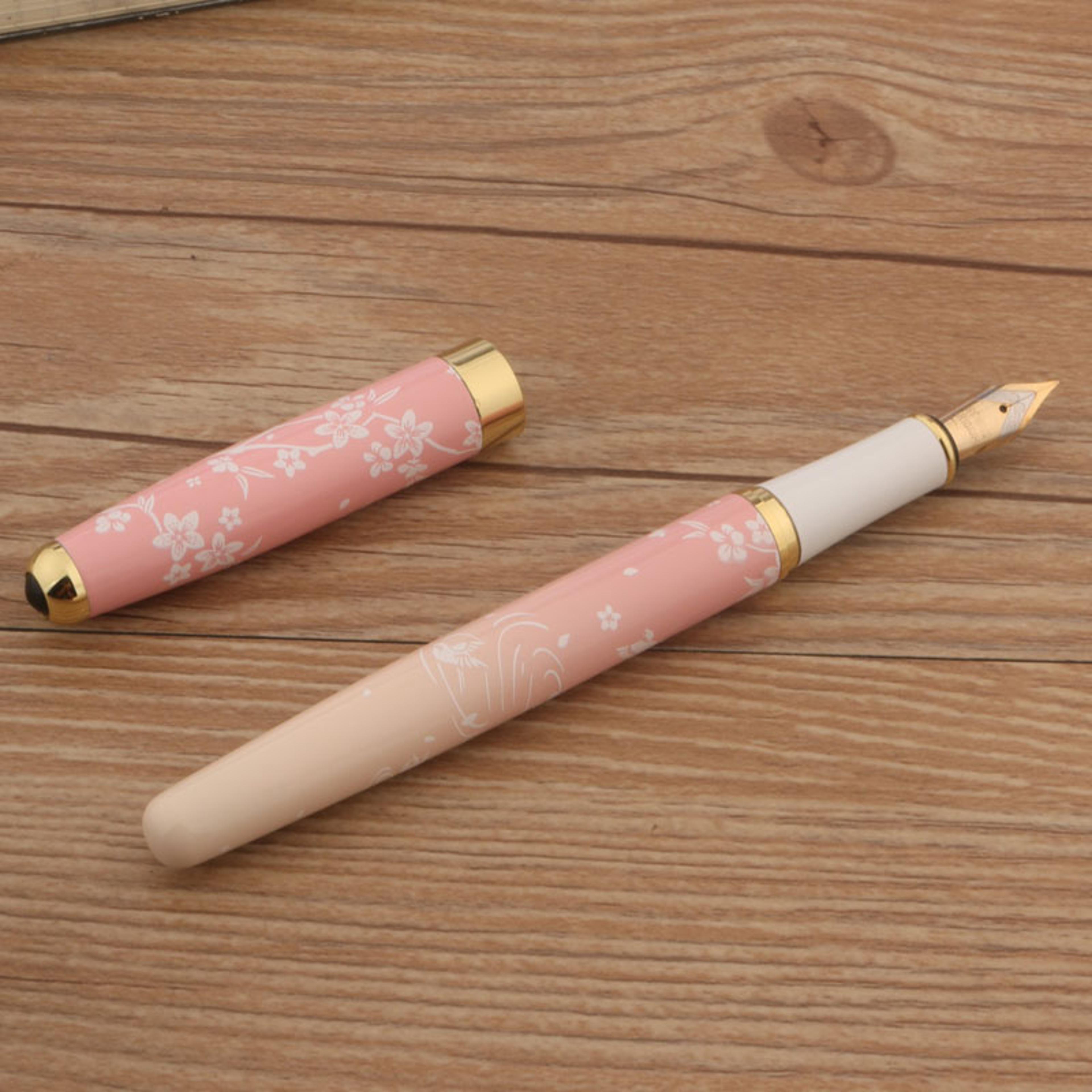 Luxury Pen With Ink Metal Fountain Pen Pink Flowers F Nib Professional Office  School Supplies Gift 4
