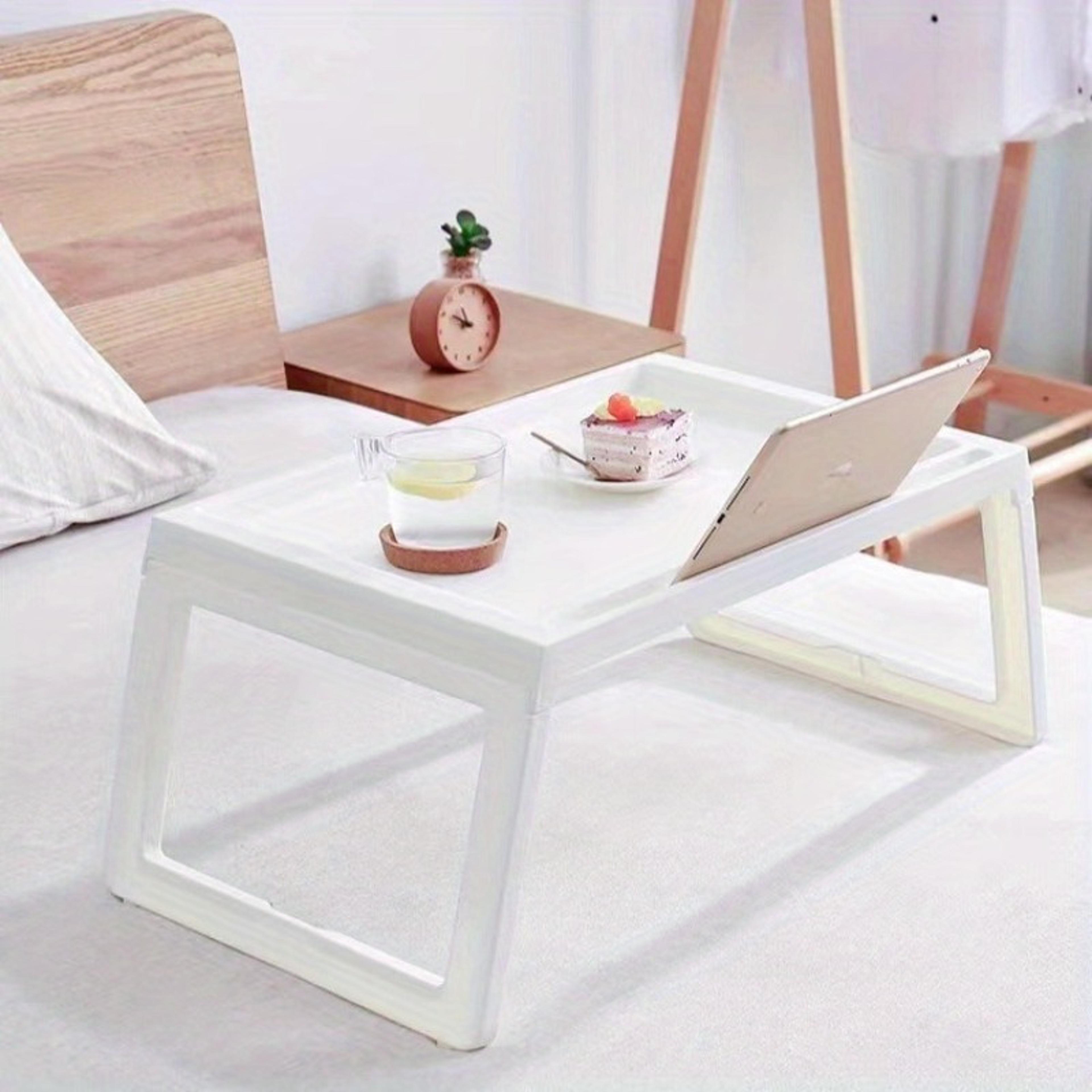 portable white desk with stabilizing legs, multi-function foldable study table for bed and office, household furniture