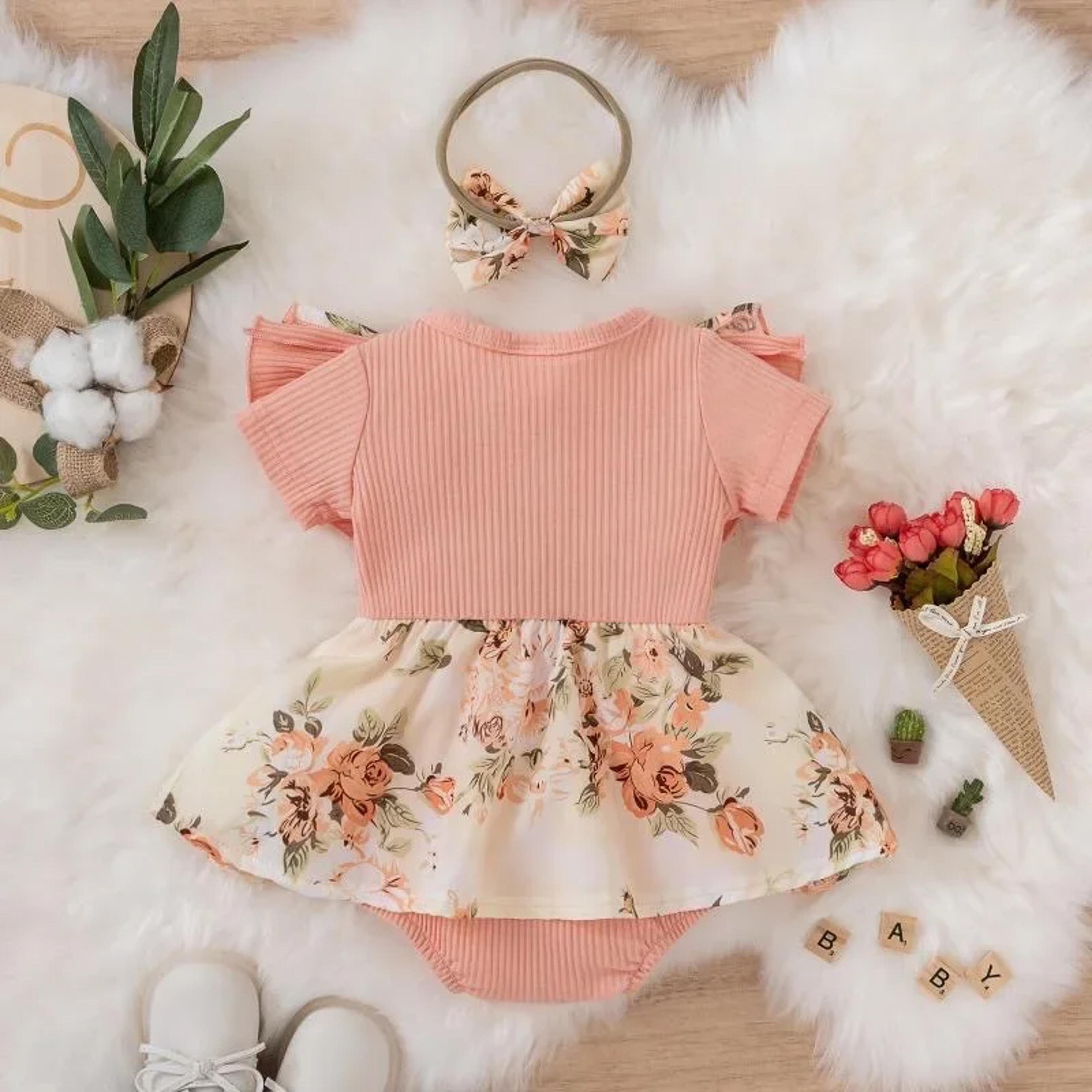 Striped Jumpsuit Summer Dress With Bowknot Headband Cotton Dress For Crawling Clothes Floral Clothe 1