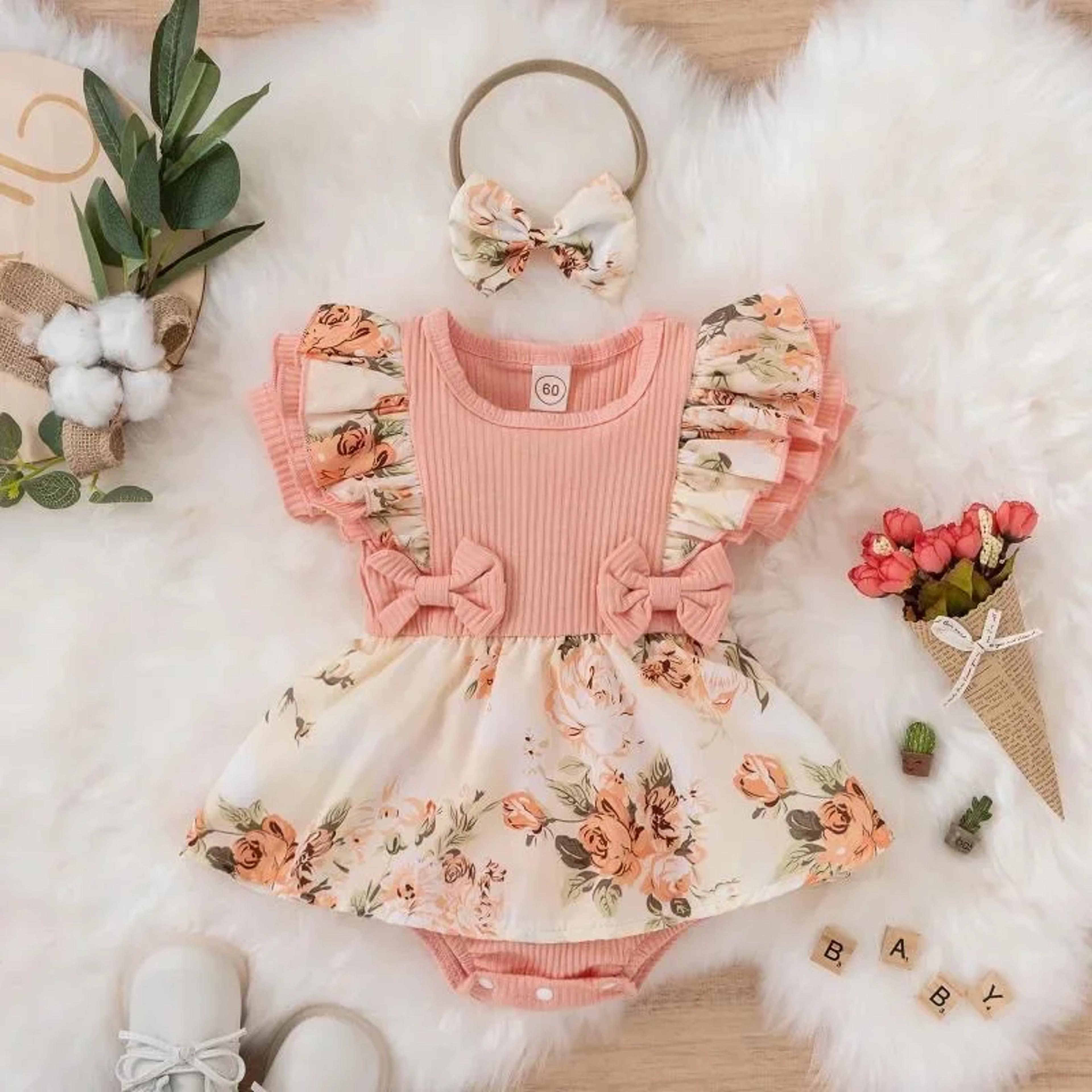 Striped Jumpsuit Summer Dress With Bowknot Headband Cotton Dress For Crawling Clothes Floral Clothe 5