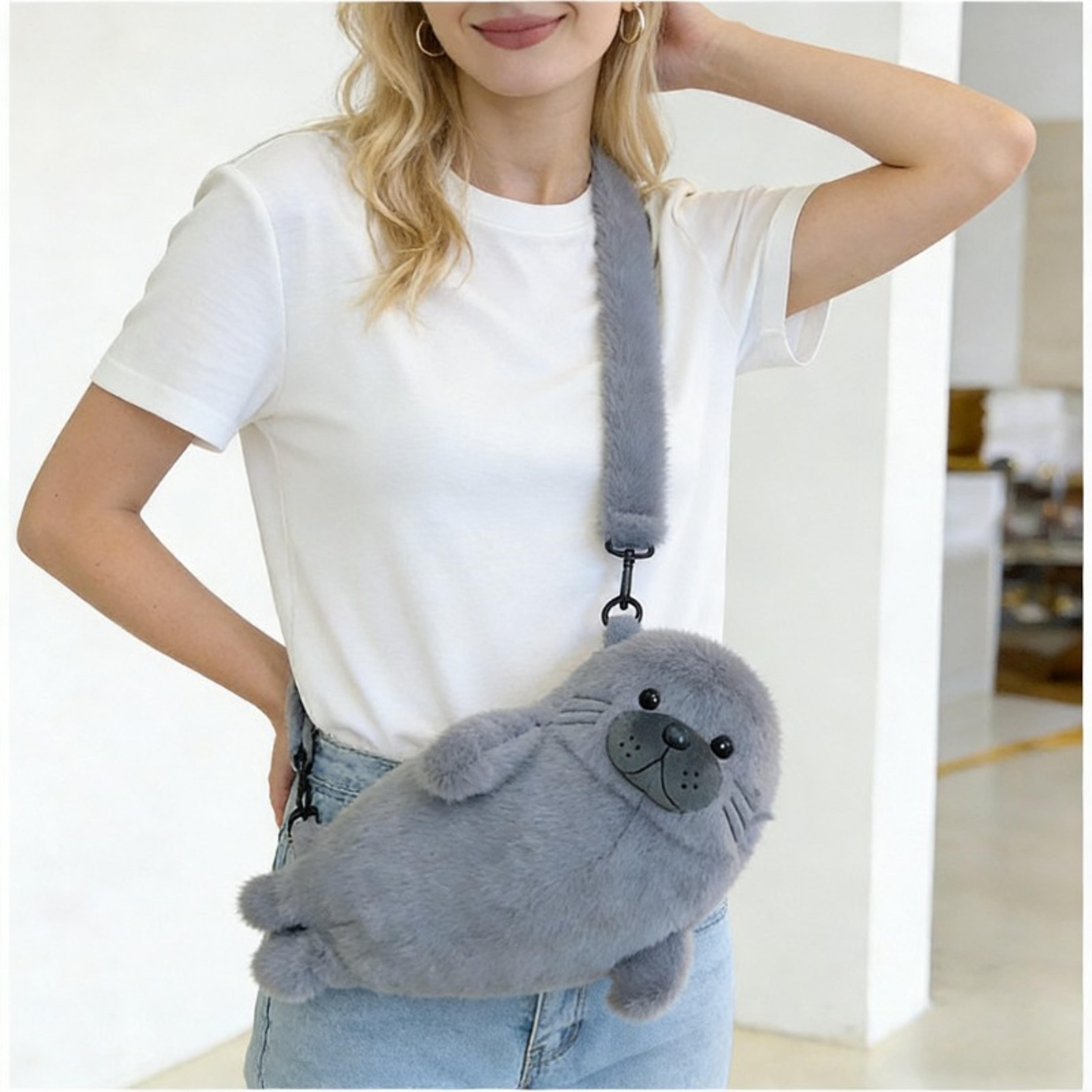 cute grey seal plush handbag adorable sea animal makeup bag & crossbody for women birthday gift