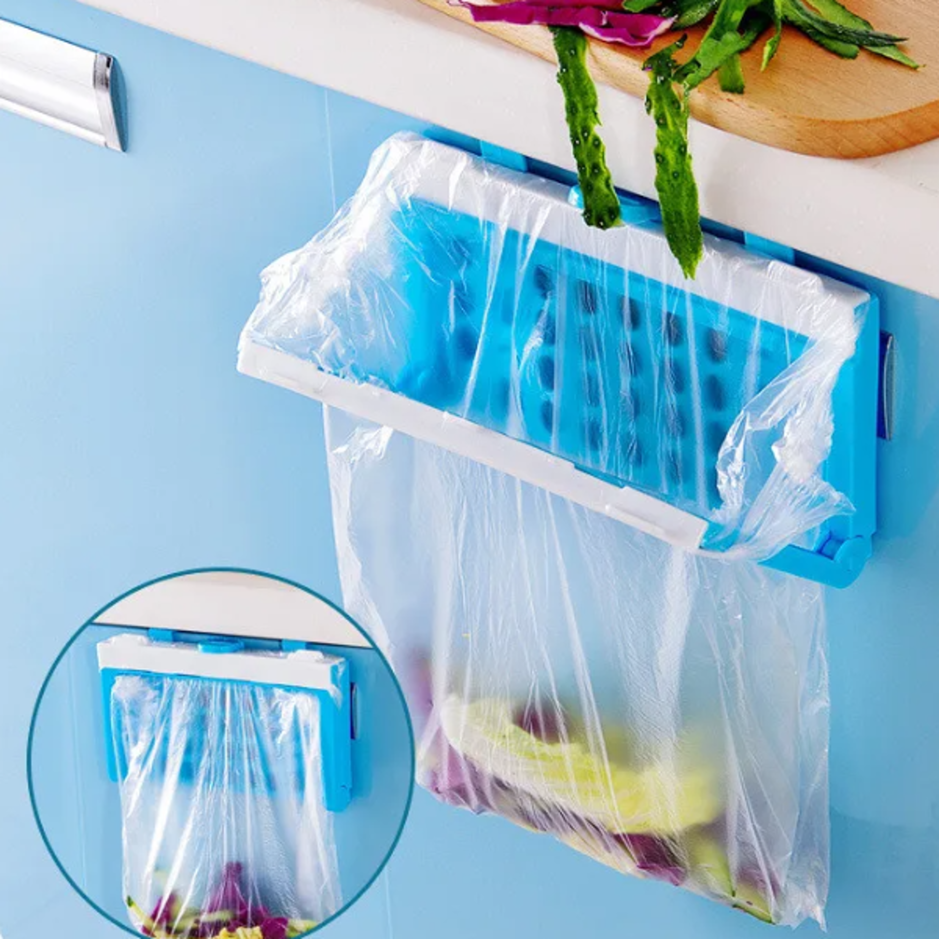 space saving foldable kitchen organizer & hanging trash bin cabinet door rack