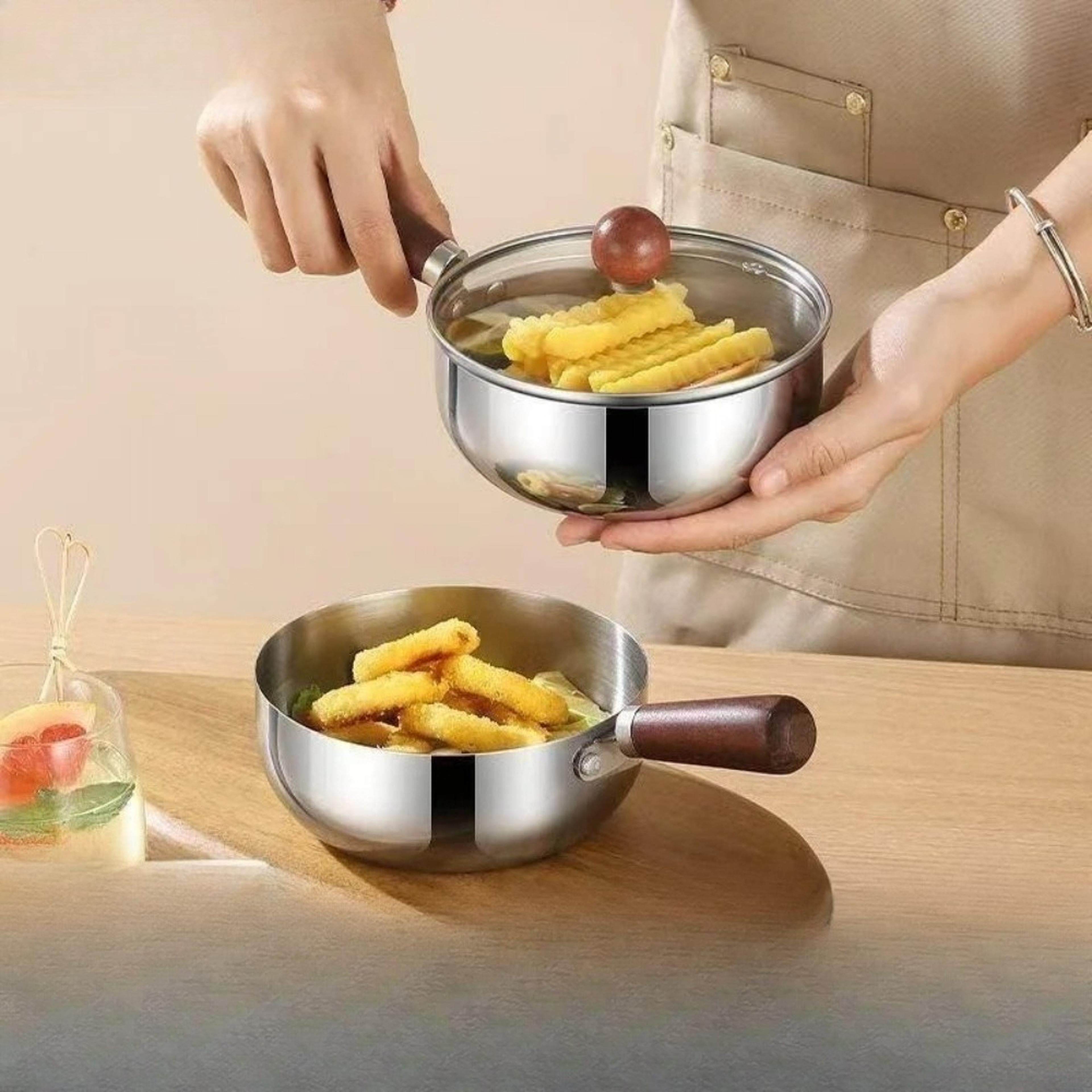 stainless steel saucepan with glass lid & wooden handle multipurpose cooking pot for frying, sauteing & serving food